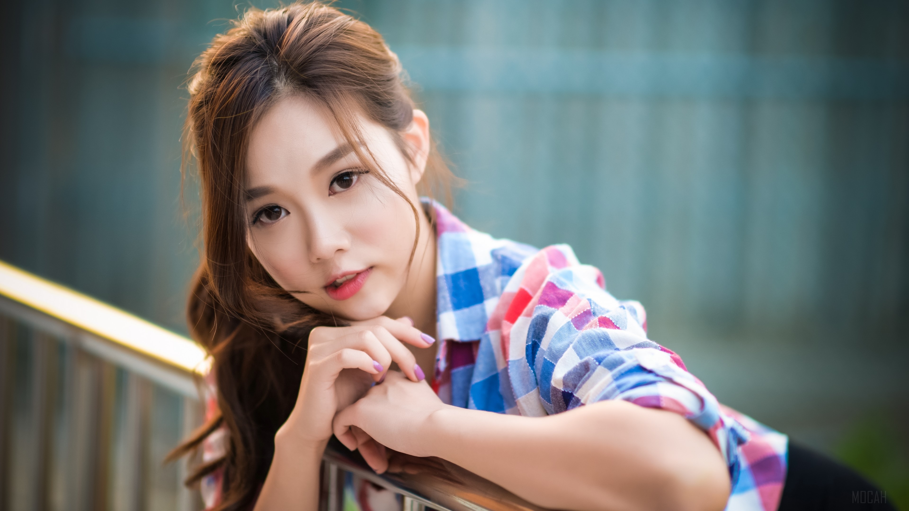 Portrait of a Brunette Girl in Colorful Shirt 4K HD Wallpaper