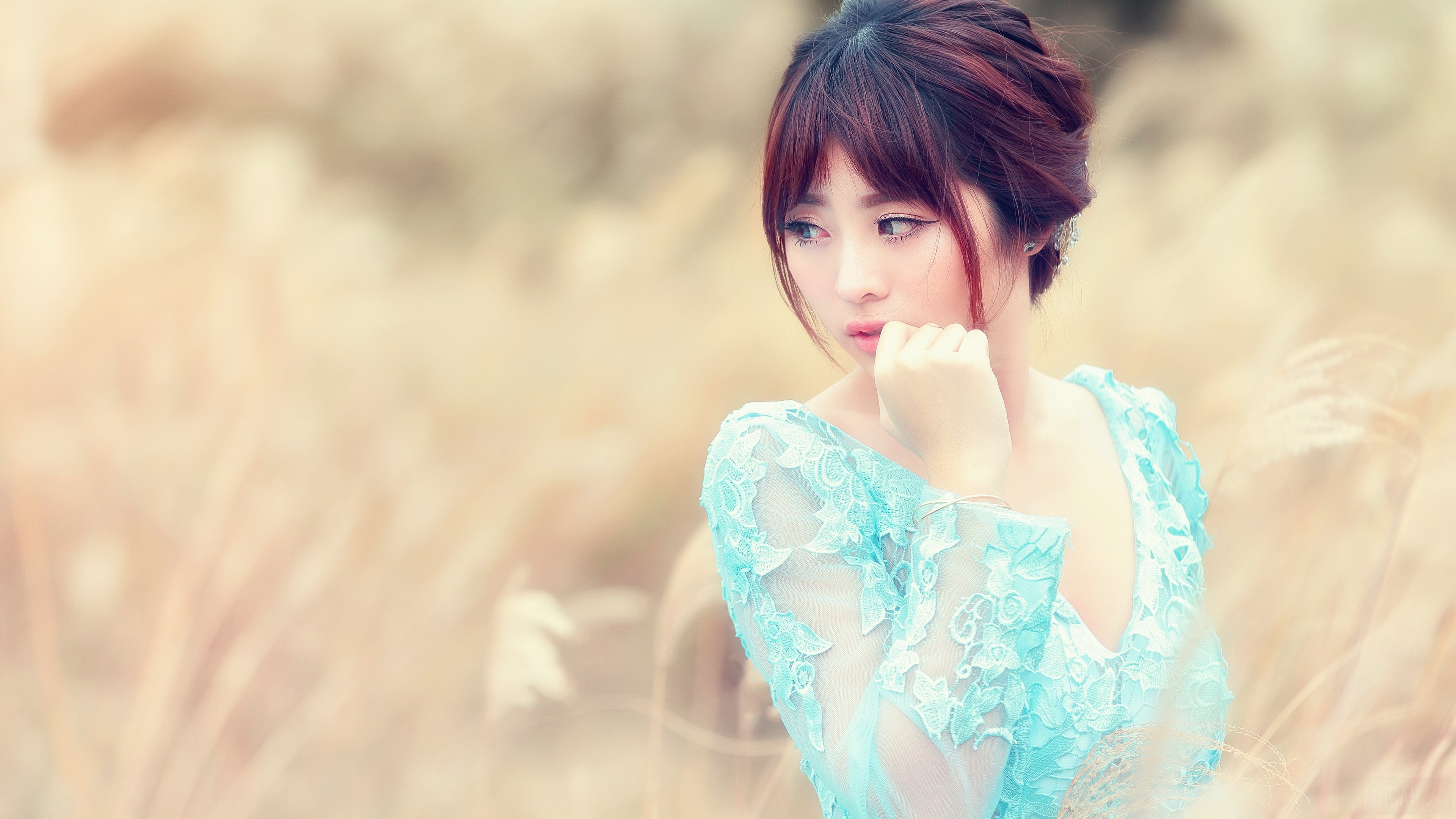 Pensive Woman in Blue Lace Dress HD Wallpaper