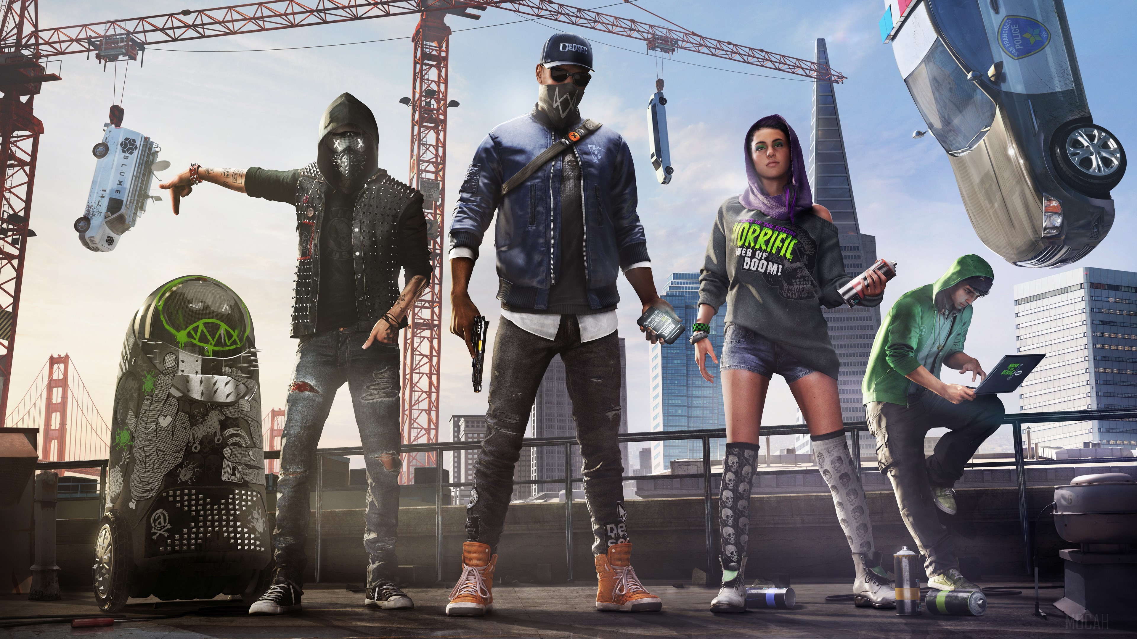 Watch Dogs 2 characters with San Francisco skyline HD Wallpaper