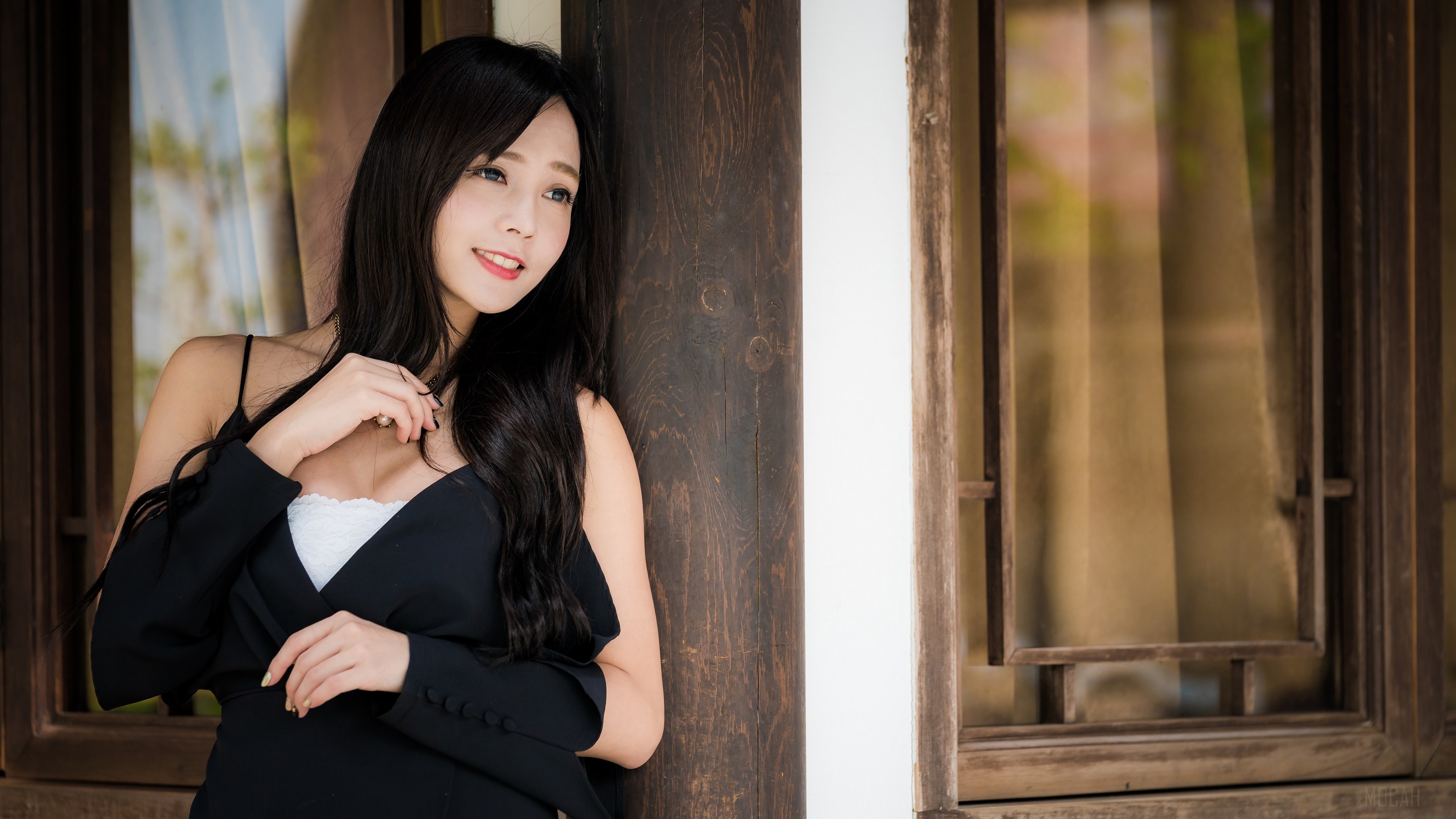 Asian woman with black hair and blue eyes in black dress HD Wallpaper