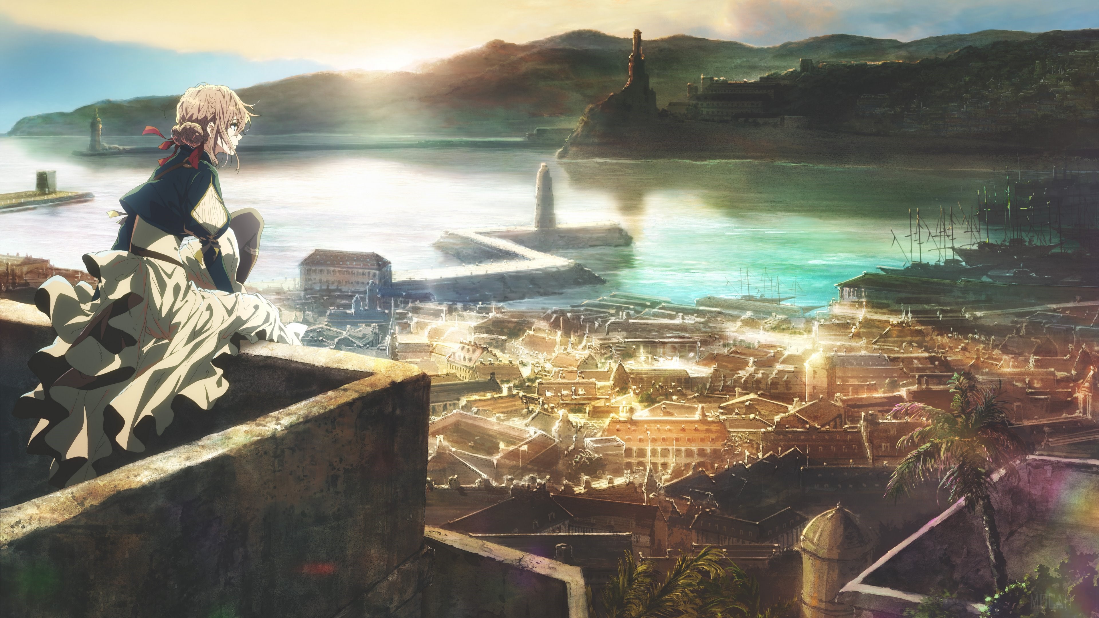 Violet Evergarden 4K overlooking a city and harbor HD Wallpaper