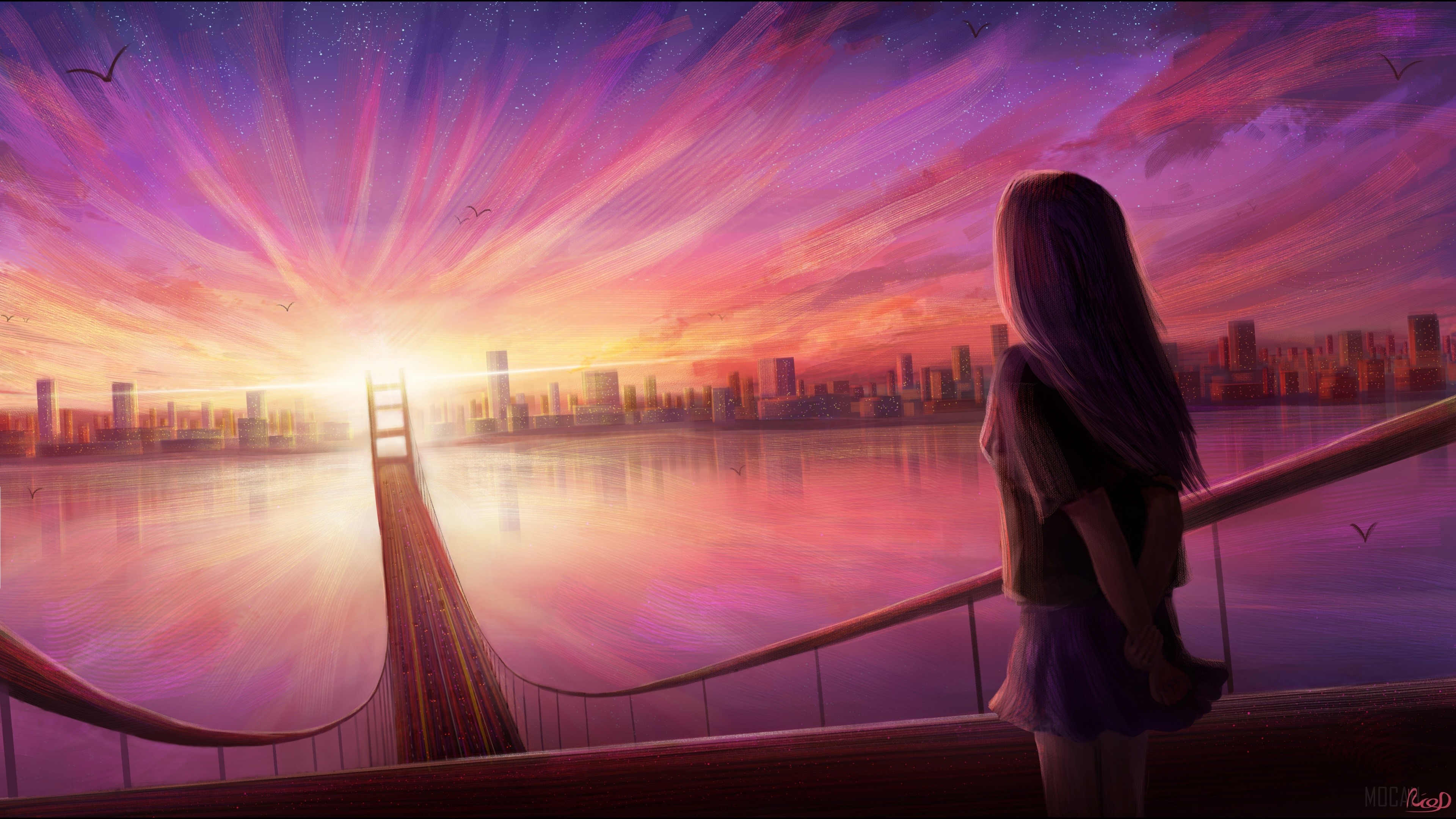 Girl watching sunset over city and bridge HD Wallpaper