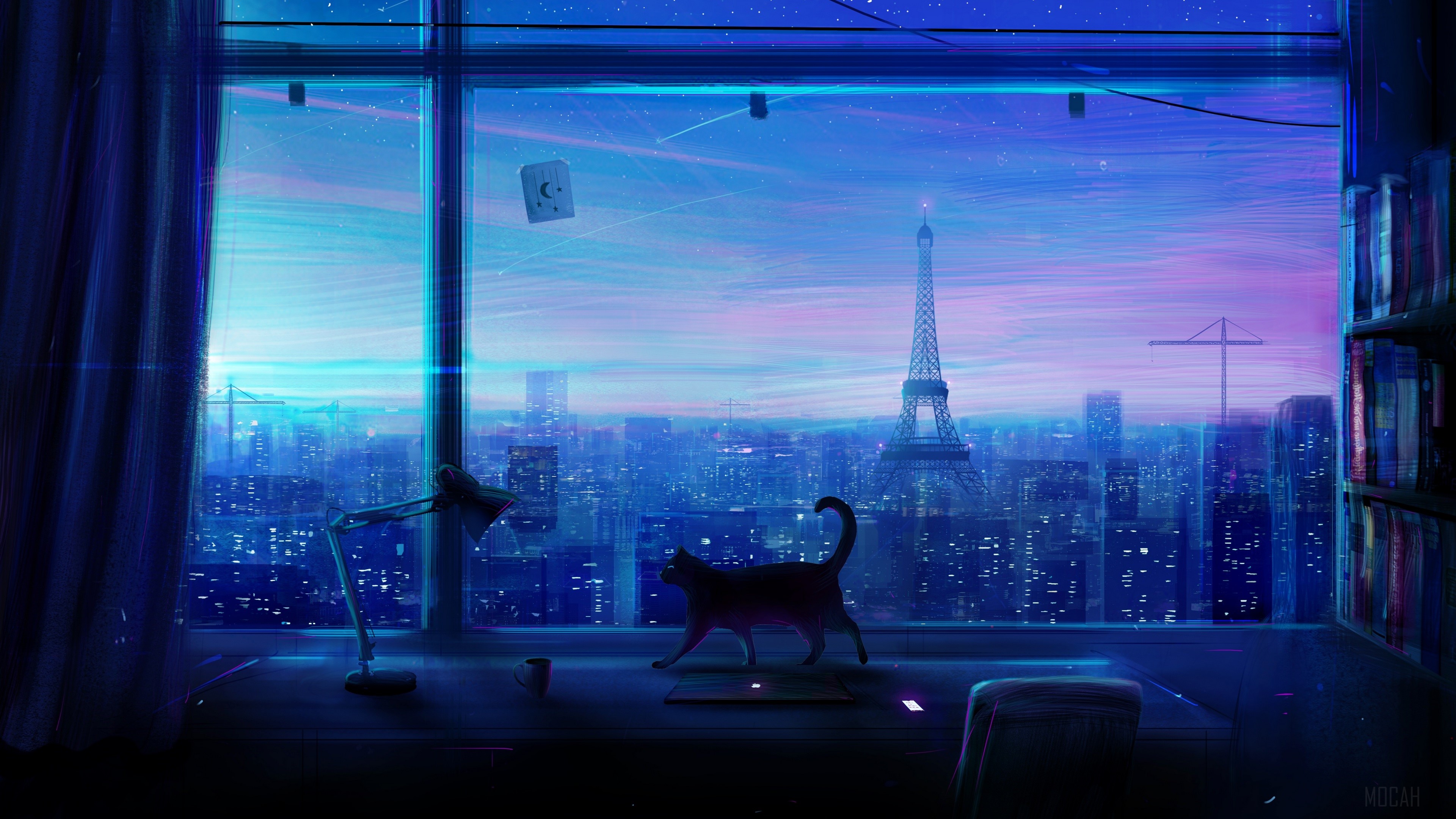 Cat looking at Paris skyline from window 4K HD Wallpaper