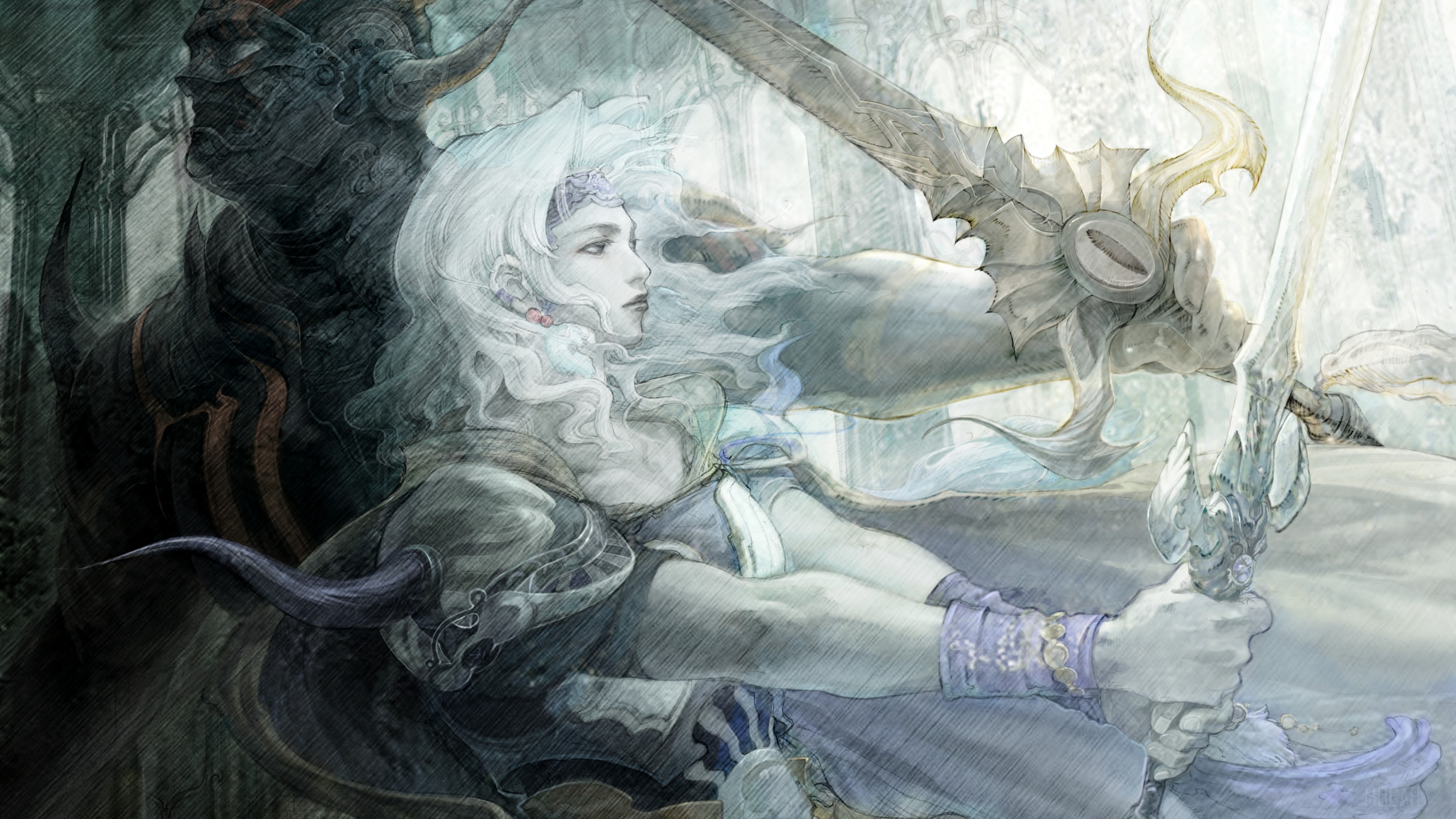 Dark Knight and White-Haired Woman with Swords HD Wallpaper