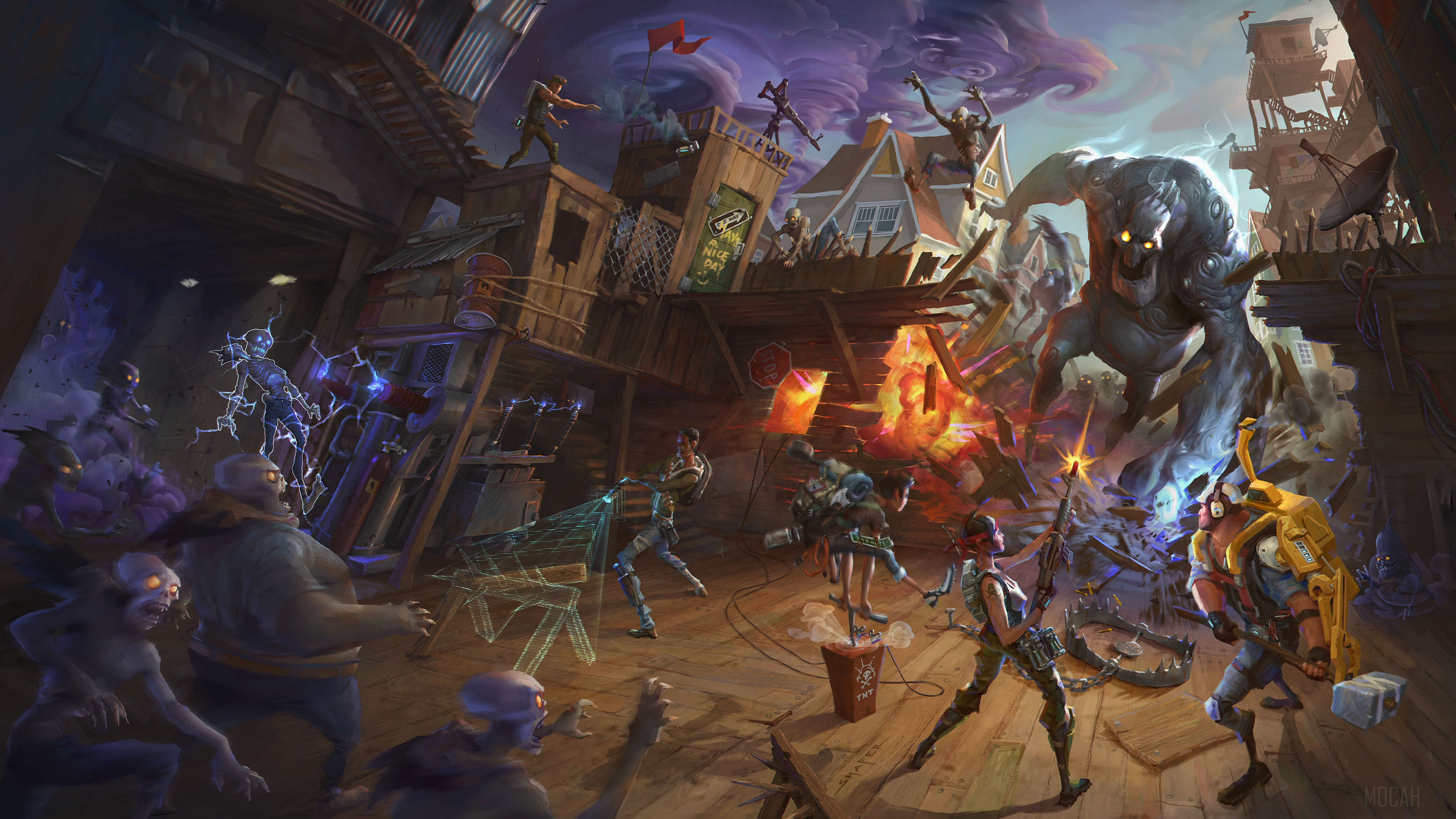 Fortnite characters fighting monsters in a destroyed village 4K HD Wallpaper