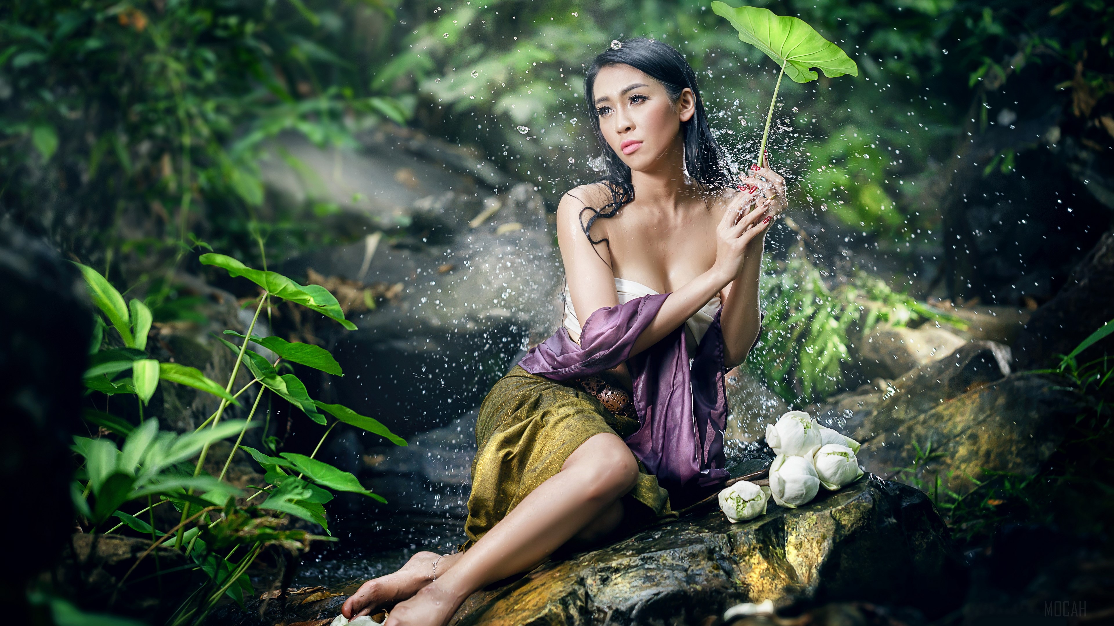 Asian Woman Bathing in a Forest Stream 4K HD Wallpaper