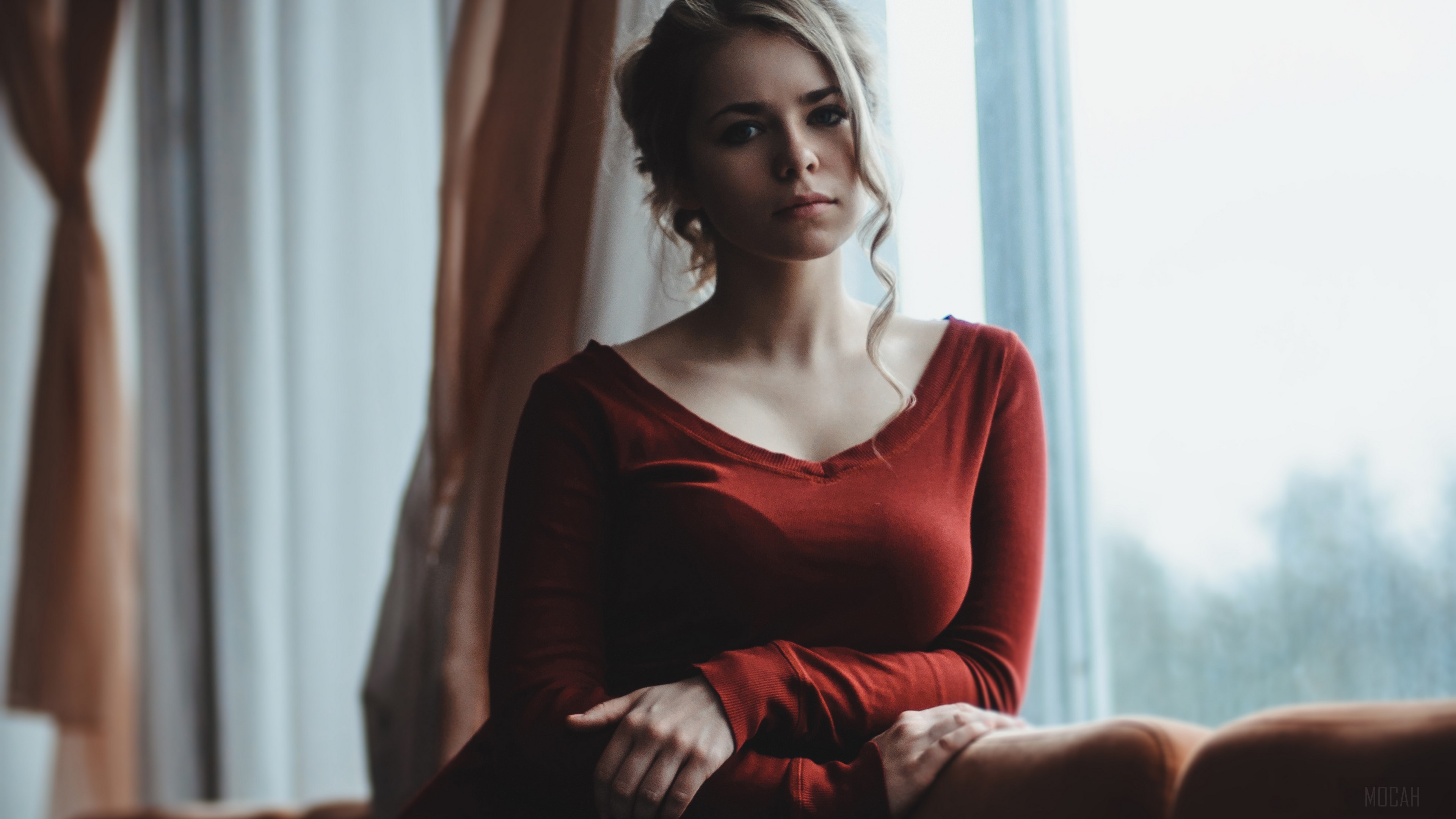 Woman in red dress by window HD Wallpaper