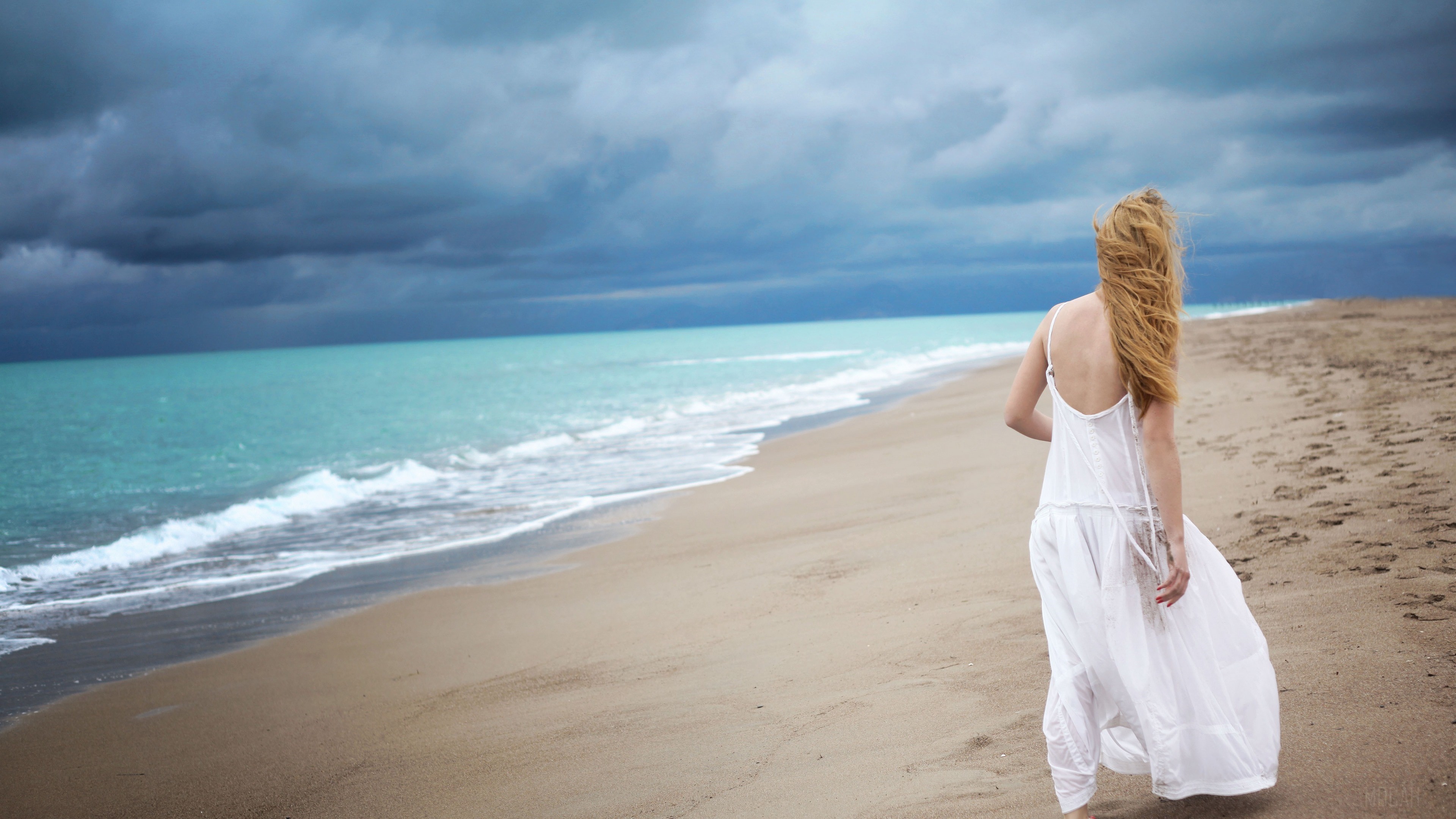 Woman in white dress on a beach HD Wallpaper