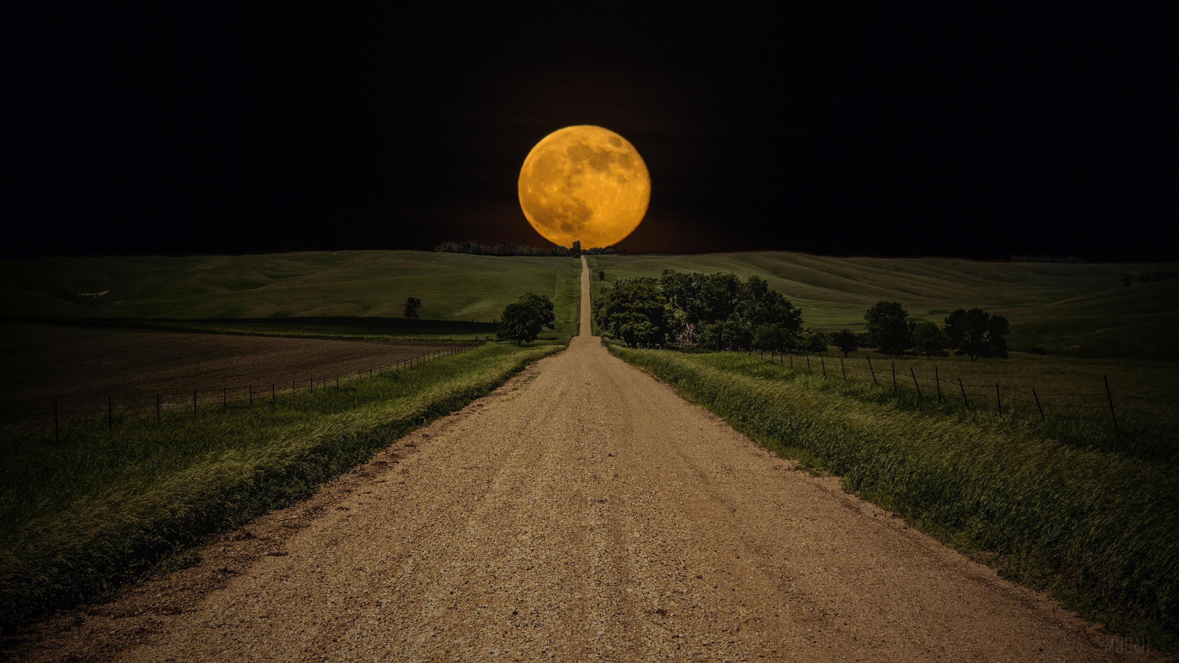 Scenic Night Landscape with Full Moon and Field HD Wallpaper