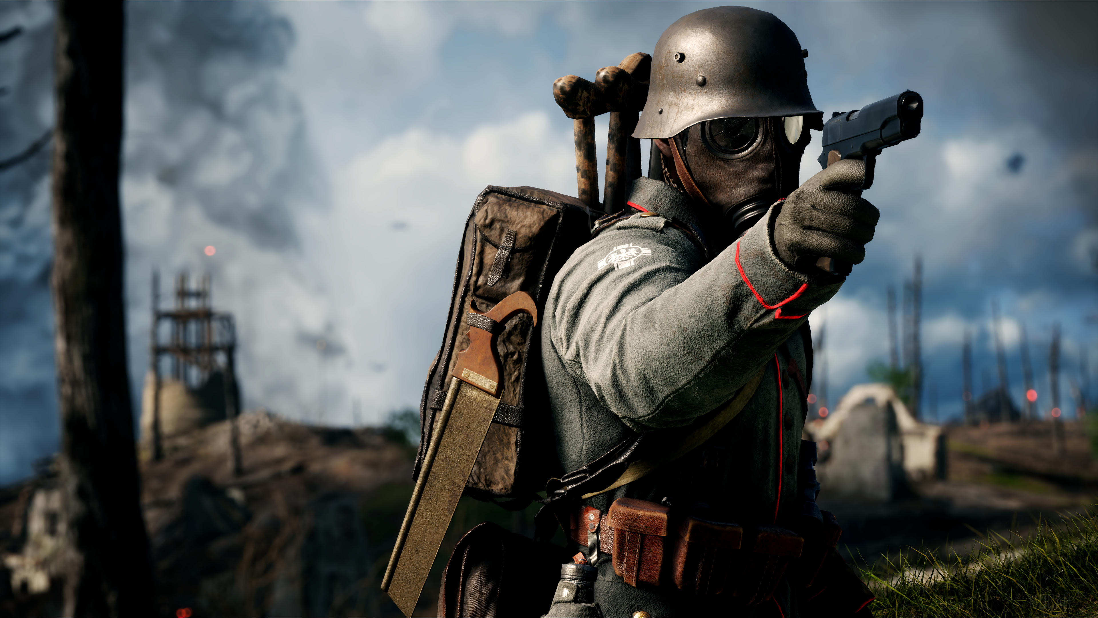 Soldier with gas mask and pistol in 4K HD Wallpaper