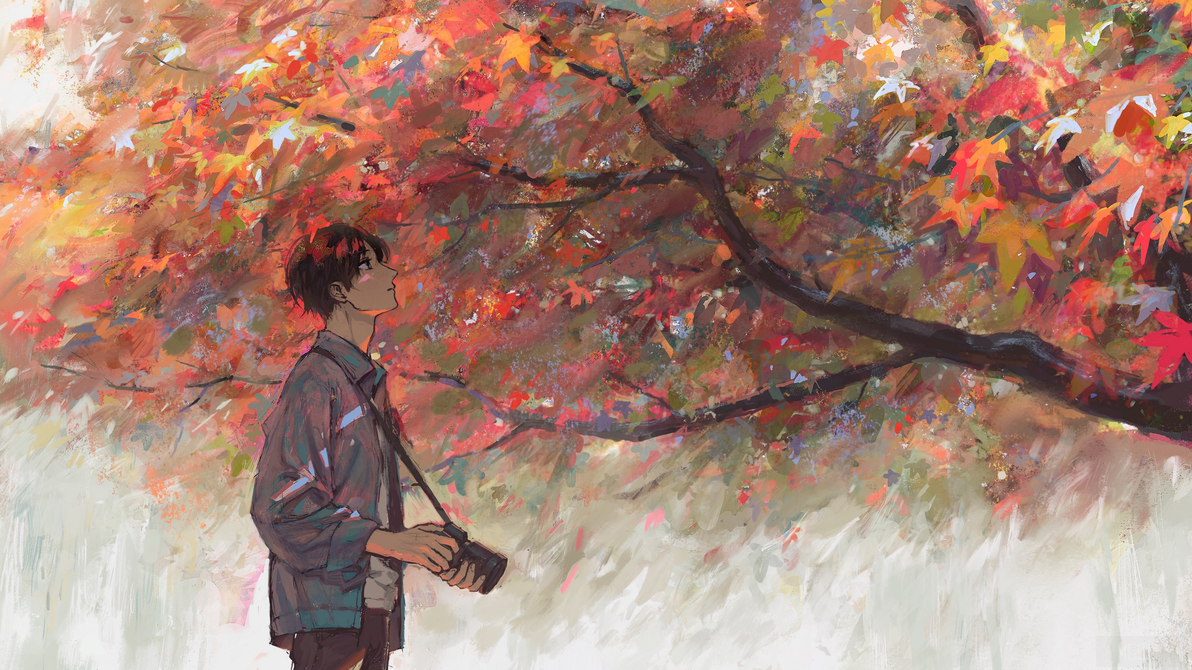Man with camera under autumn leaves 4K HD Wallpaper