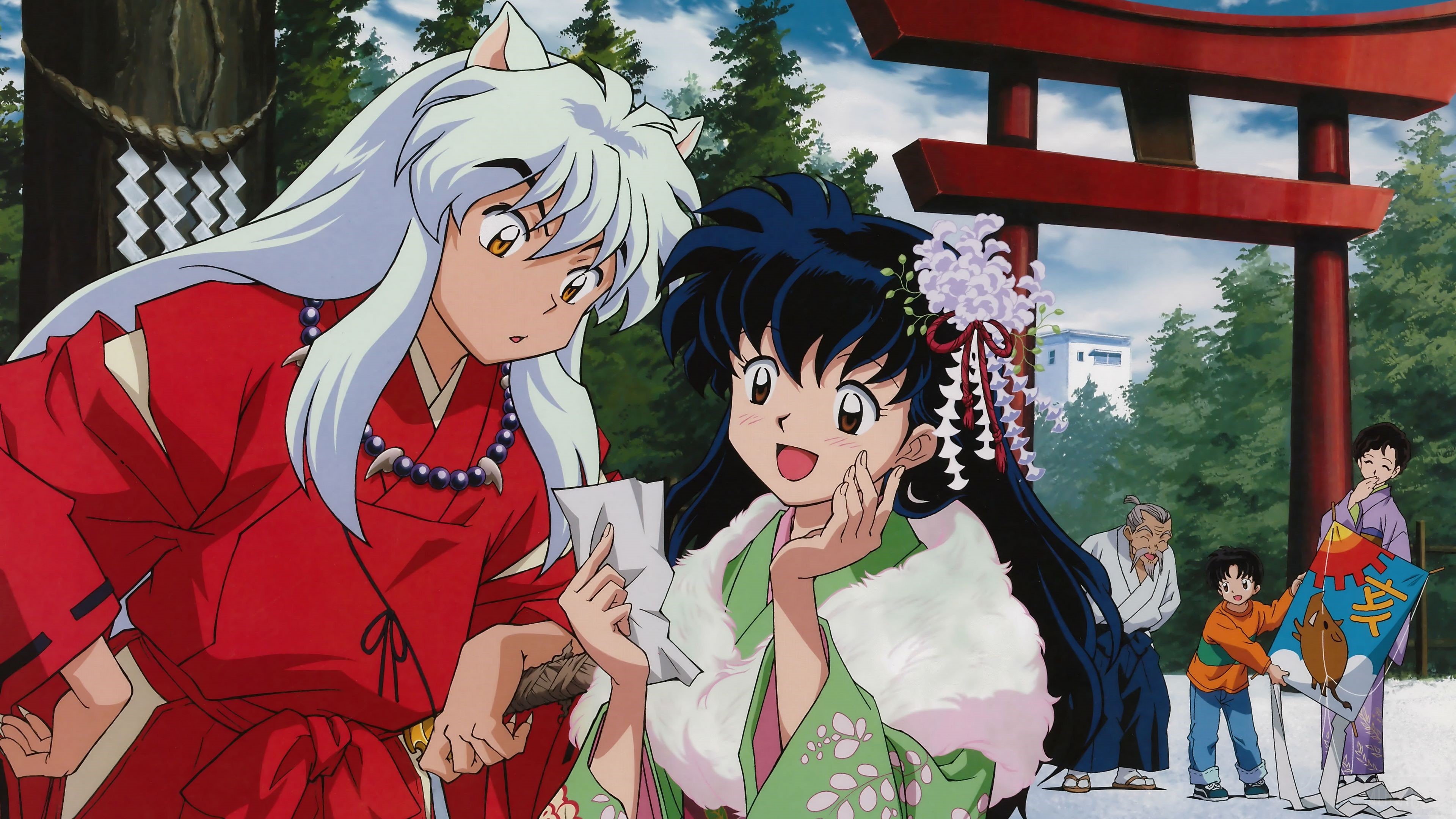 Inuyasha and Kagome by a Torii Gate HD Wallpaper