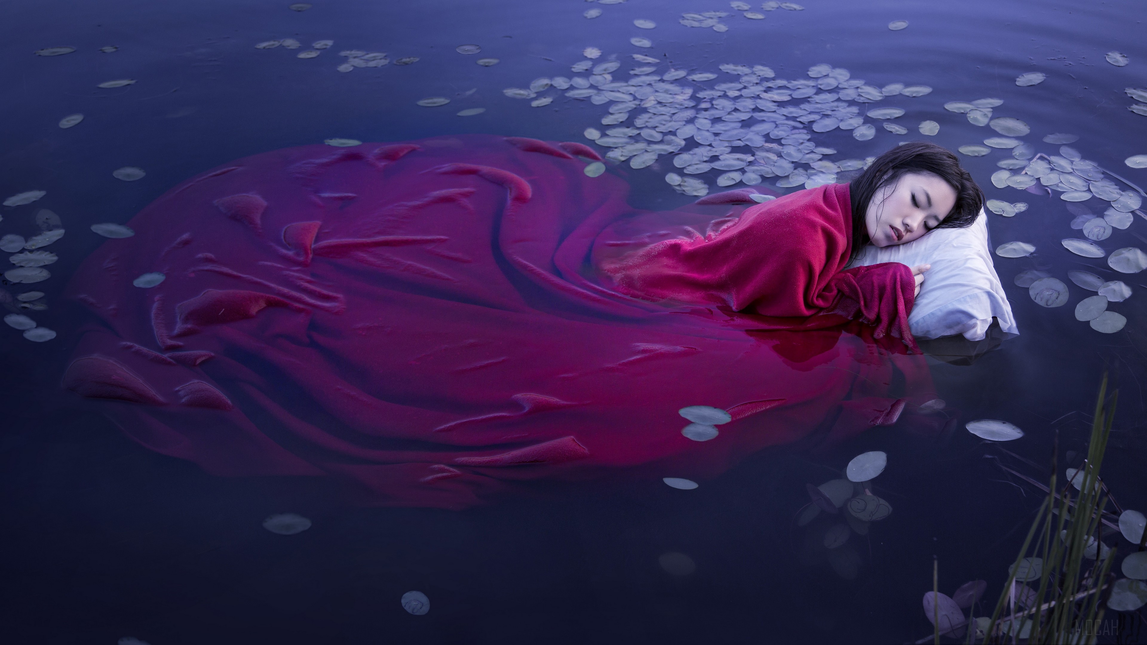 Sleeping Woman in Red Dress on Water HD Wallpaper