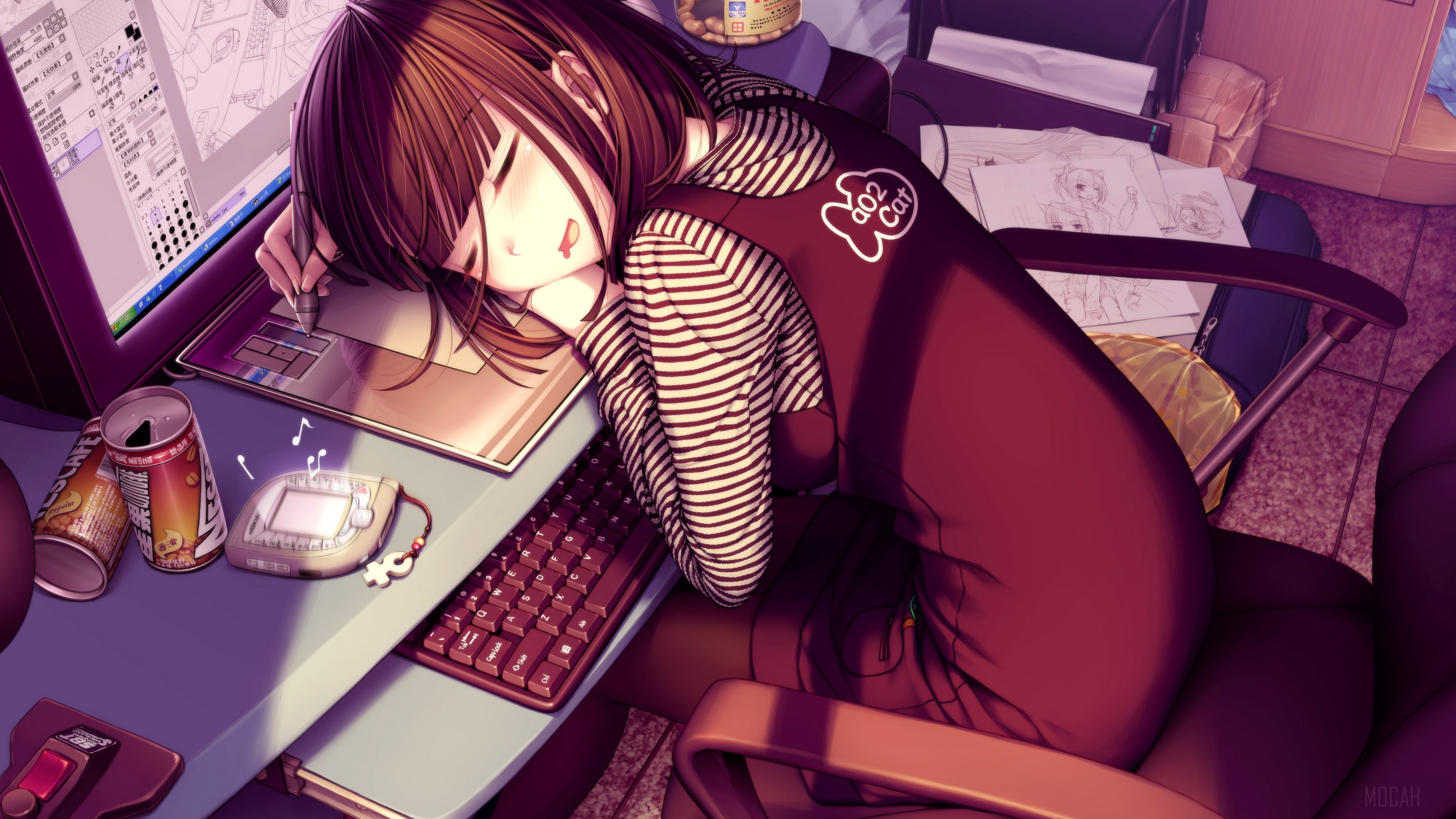 Sleeping Girl at Desk with Brown Hair 4K HD Wallpaper