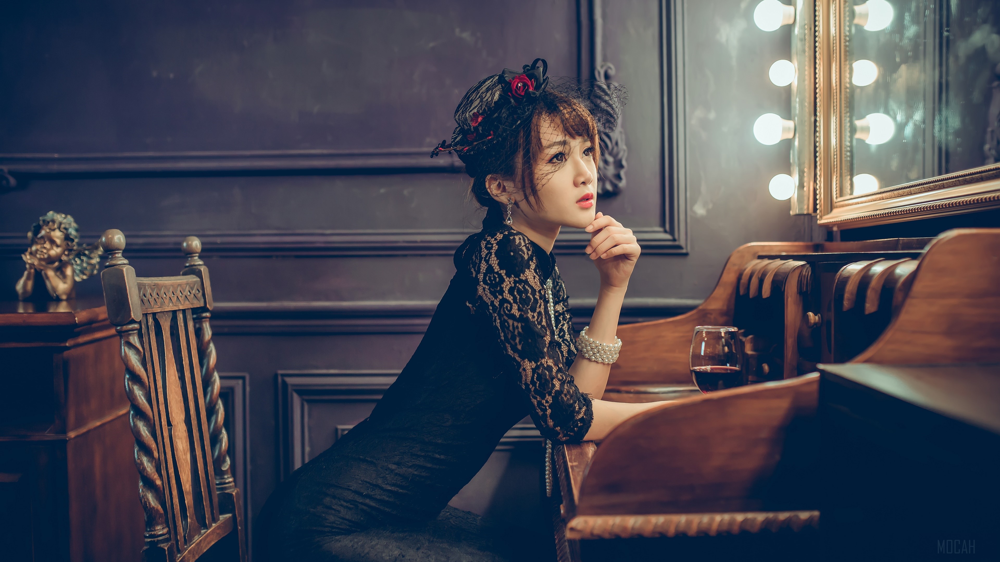 Woman in black lace dress and hat 4K HD Wallpaper