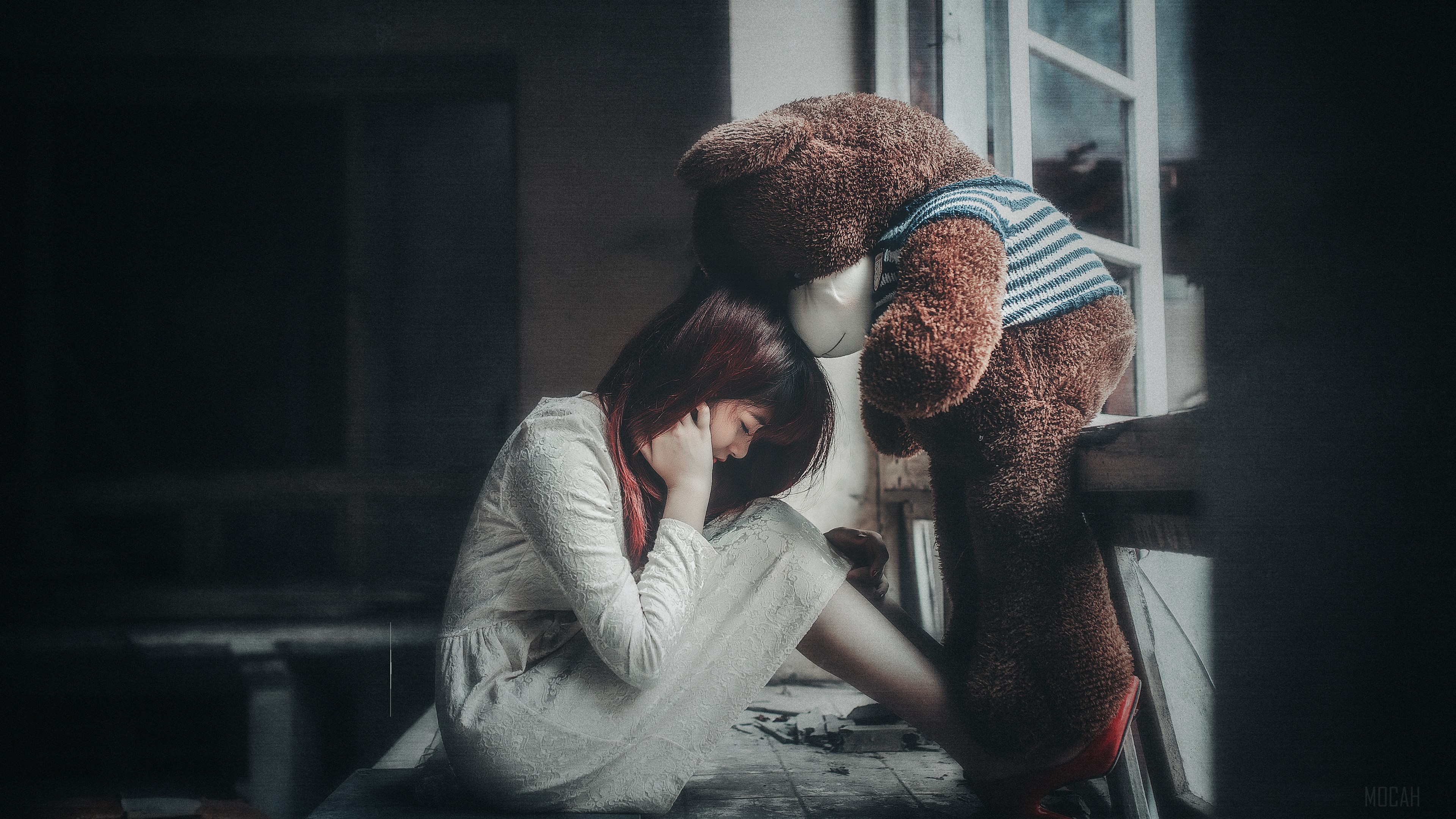 Girl and teddy bear by window HD Wallpaper