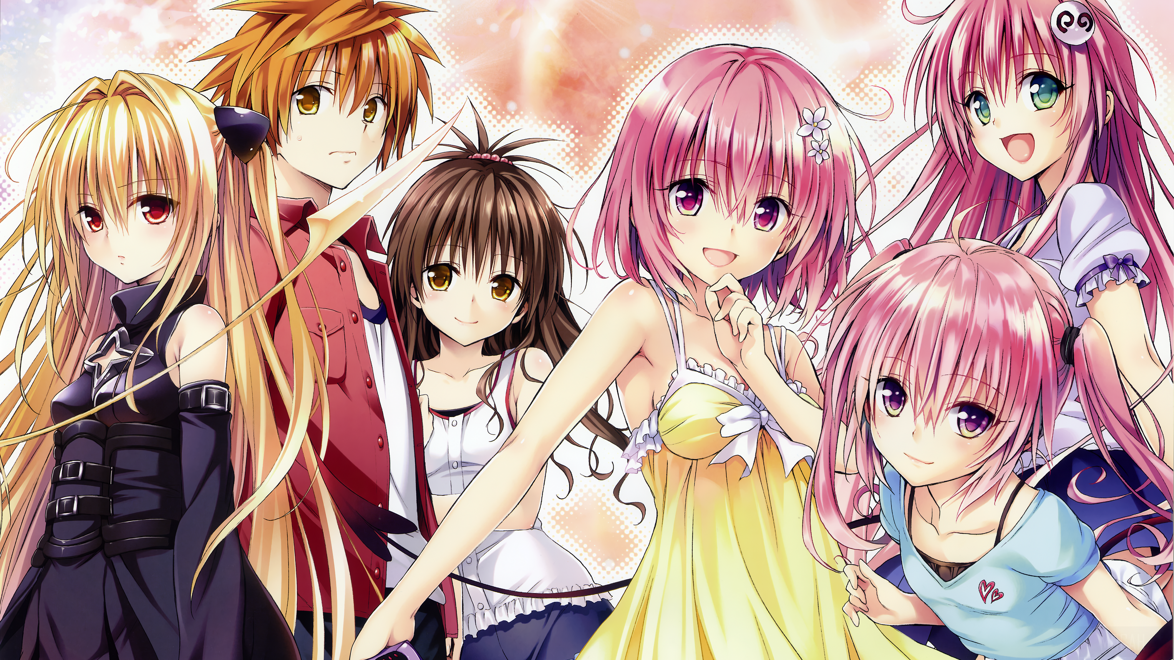 To Love-Ru characters Rito Yuuki, Lala Satalin Deviluke, Mikan Yuuki, Momo Velia Deviluke, Nana Astar Deviluke, and Golden Darkness HD Wallpaper