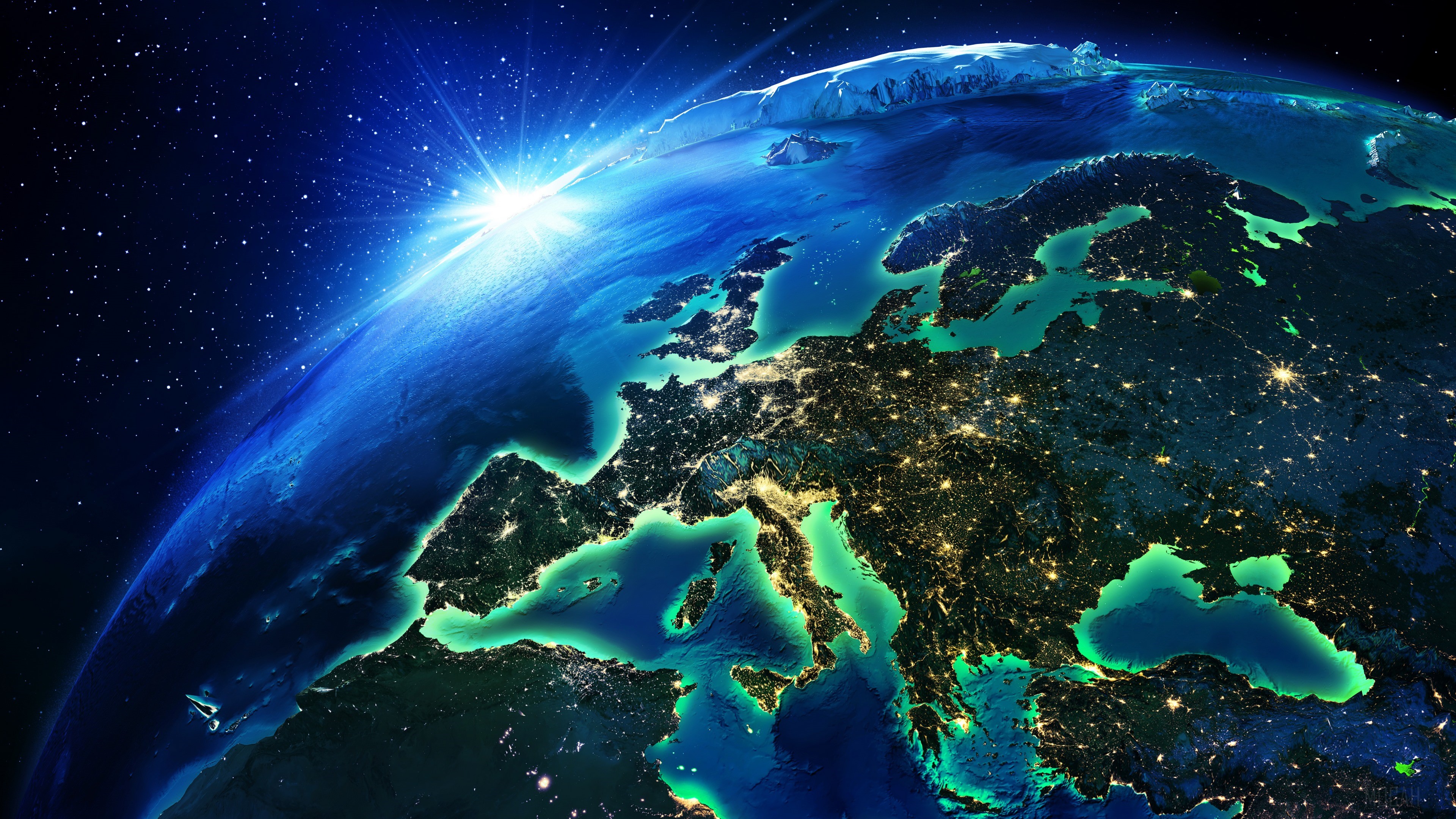 Earth from space with sunrise over Europe 4K HD Wallpaper