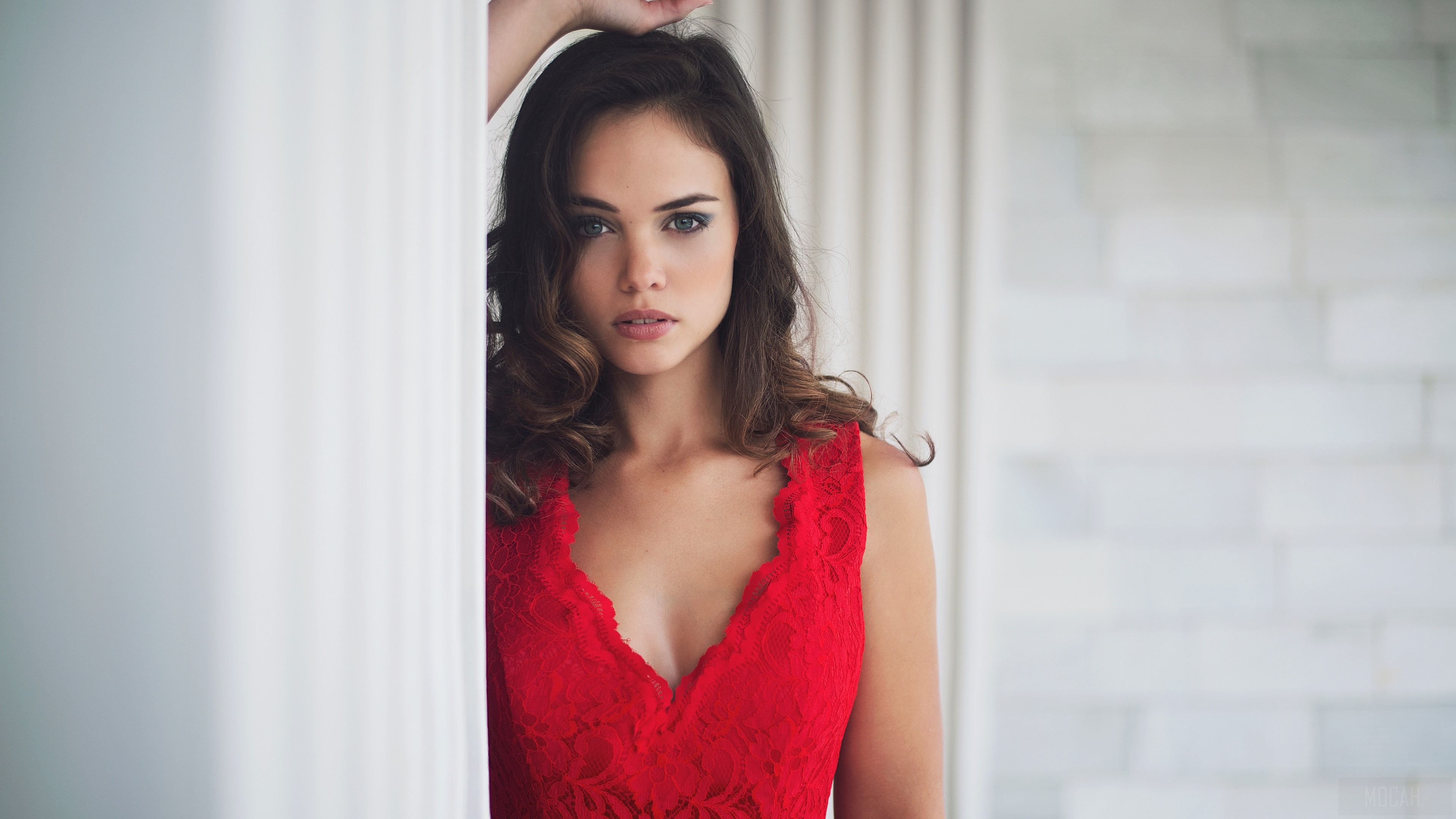 Woman in Red Dress with Brunette Hair and Green Eyes 4K HD Wallpaper