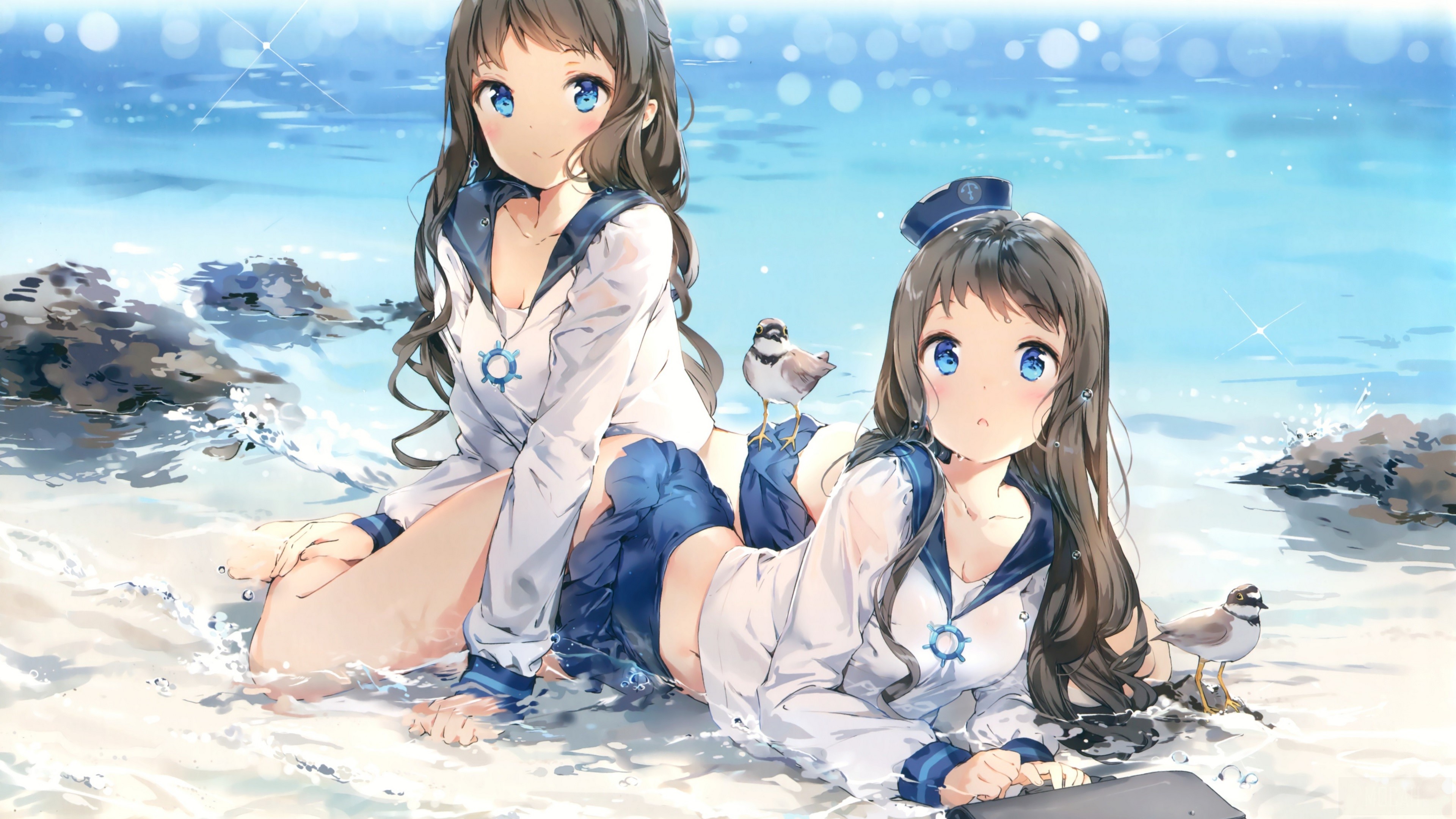 Two Girls in School Uniform by the Seashore 4K HD Wallpaper