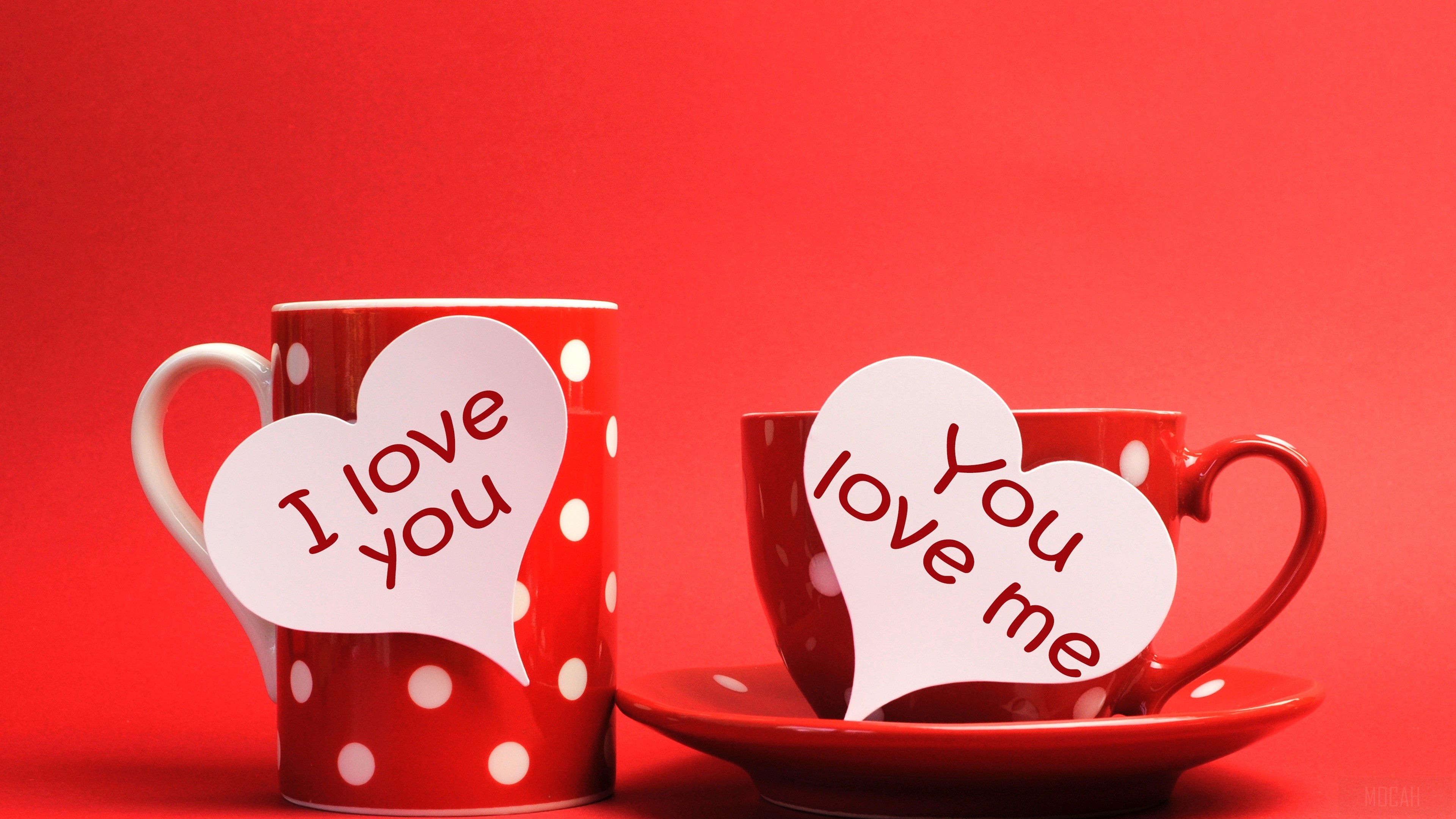 Two red polka dot cups with heart-shaped notes HD Wallpaper