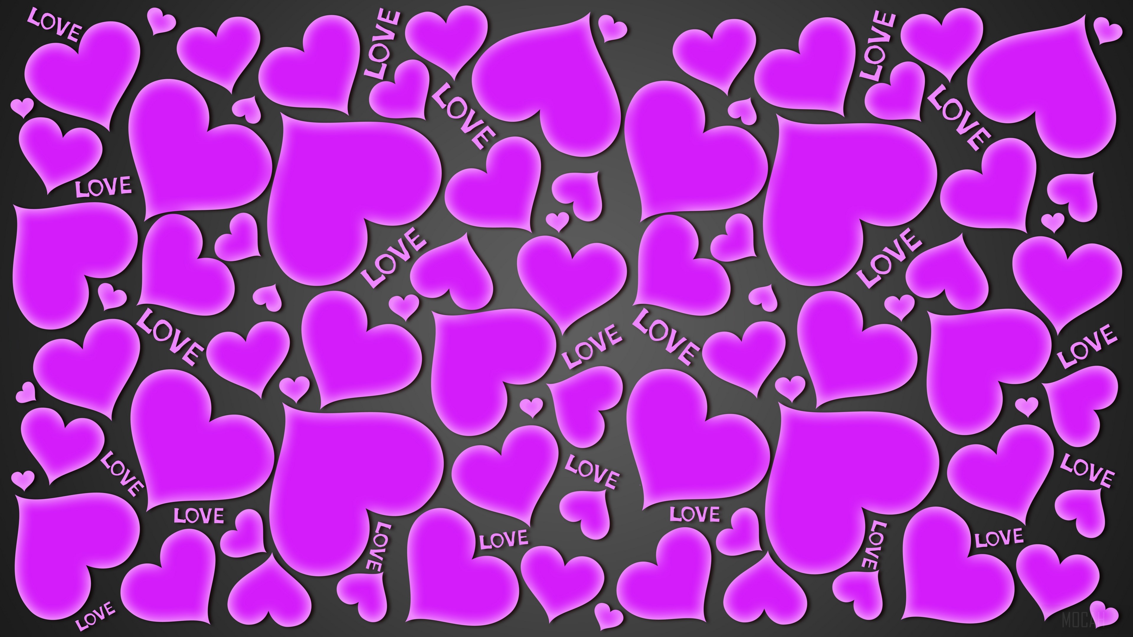 Purple Hearts with Love Text 4K HD Wallpaper
