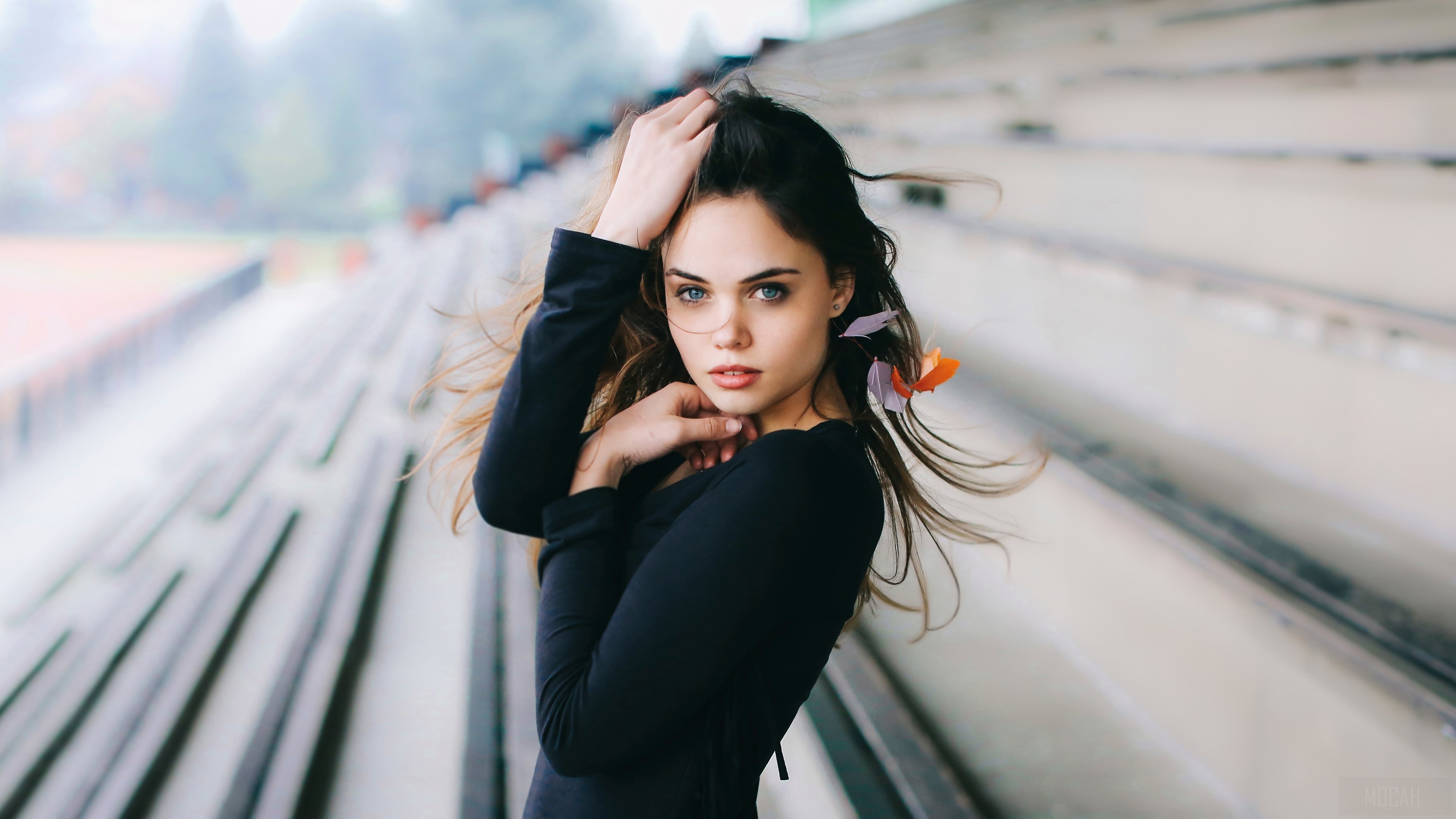 Woman with Blue Eyes and Brunette Hair 4K HD Wallpaper