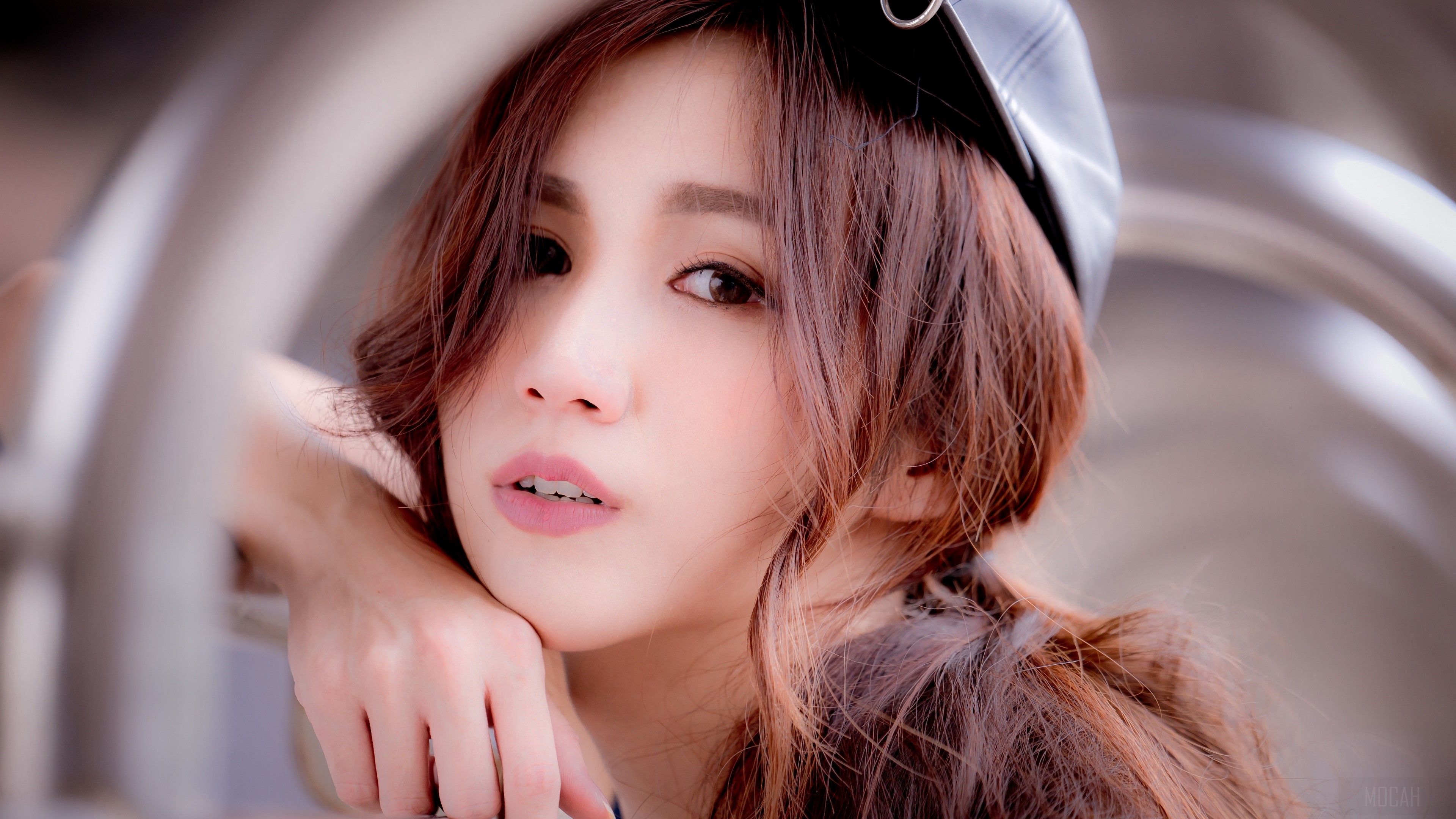 Asian Woman with Brown Eyes and Brunette Hair Wearing a Cap 4K HD Wallpaper