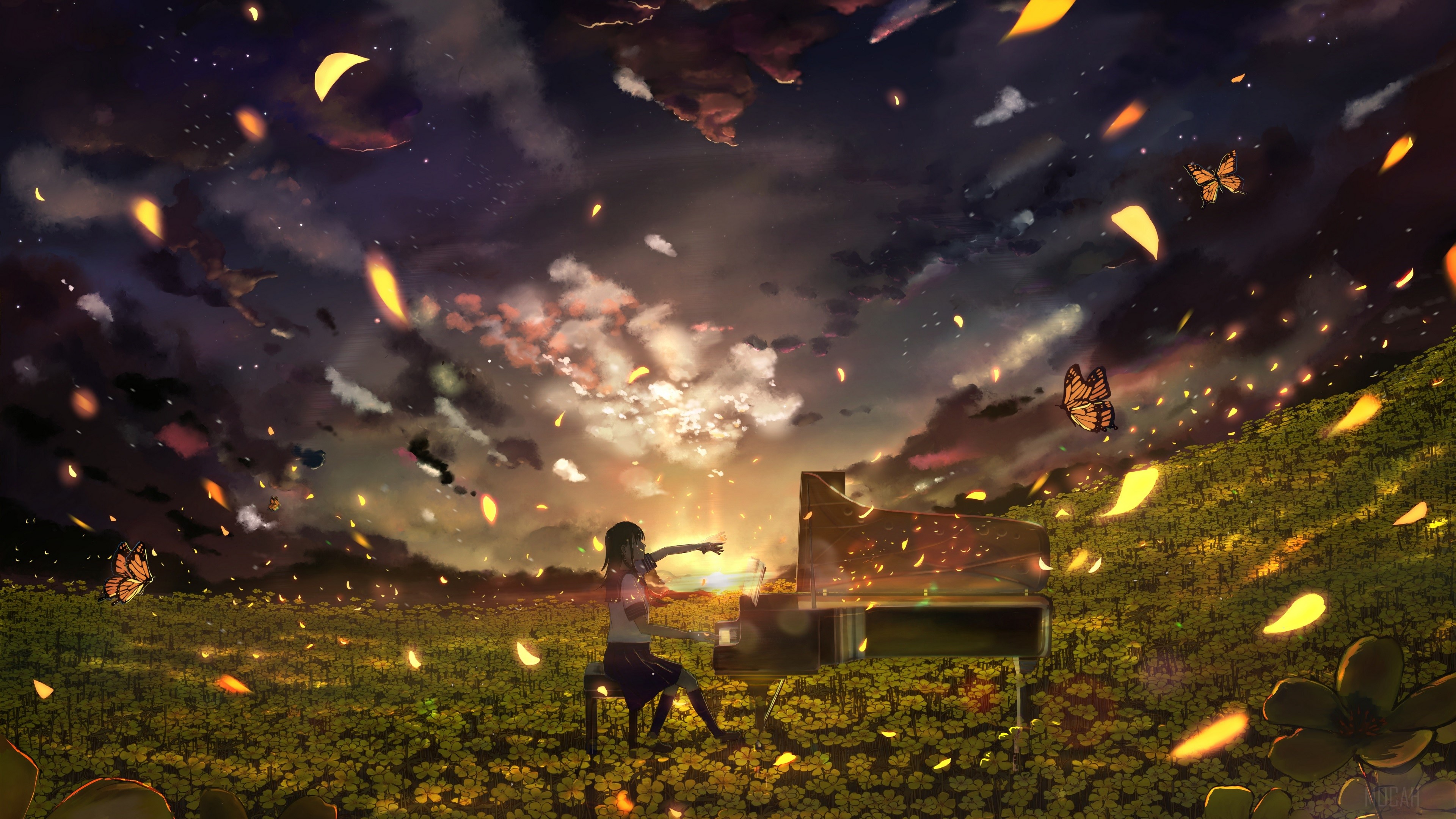 Girl Playing Piano in Flower Field at Sunset HD Wallpaper