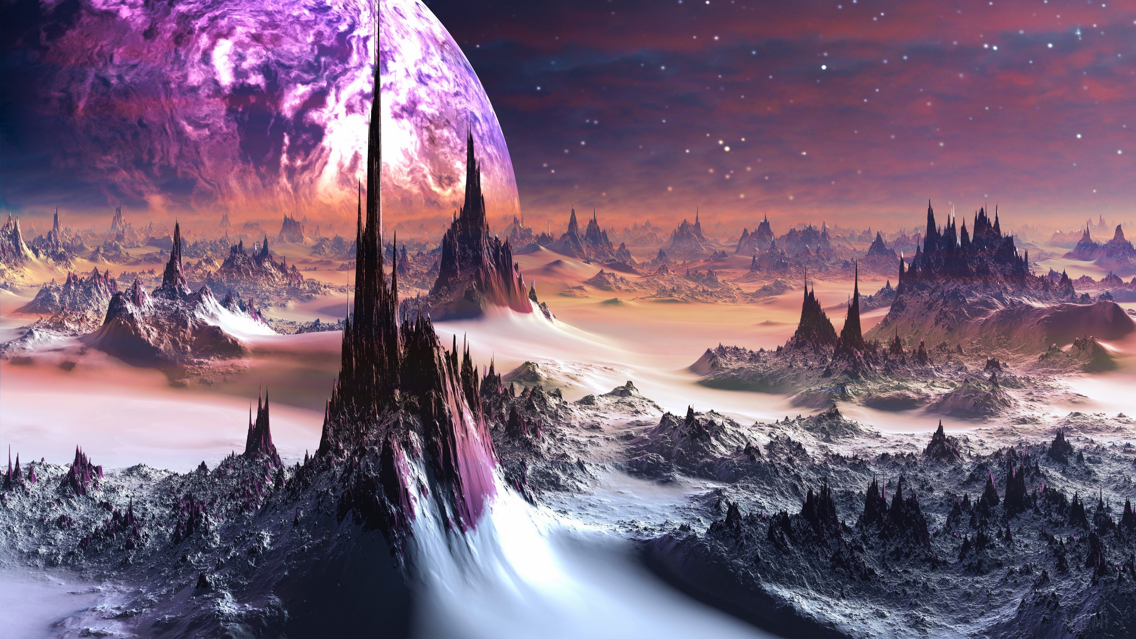 Alien Planet Landscape with Purple Planet HD Wallpaper