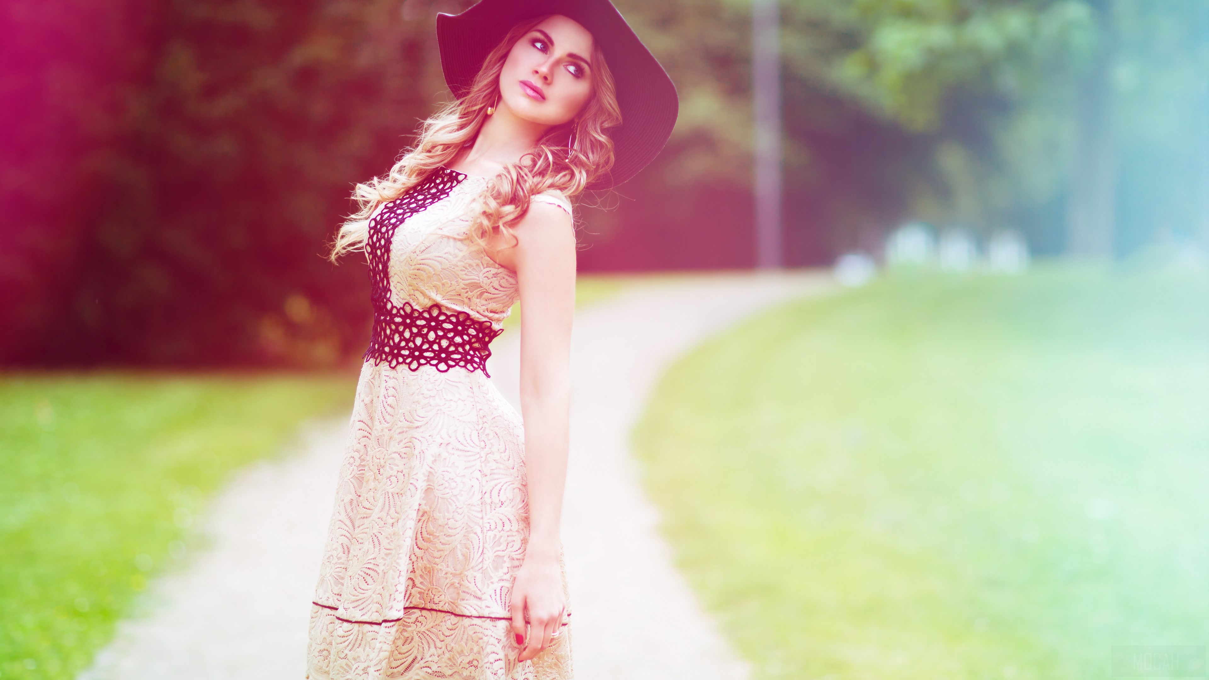 Blonde Woman with Blue Eyes Wearing a Hat Outdoors 4K HD Wallpaper