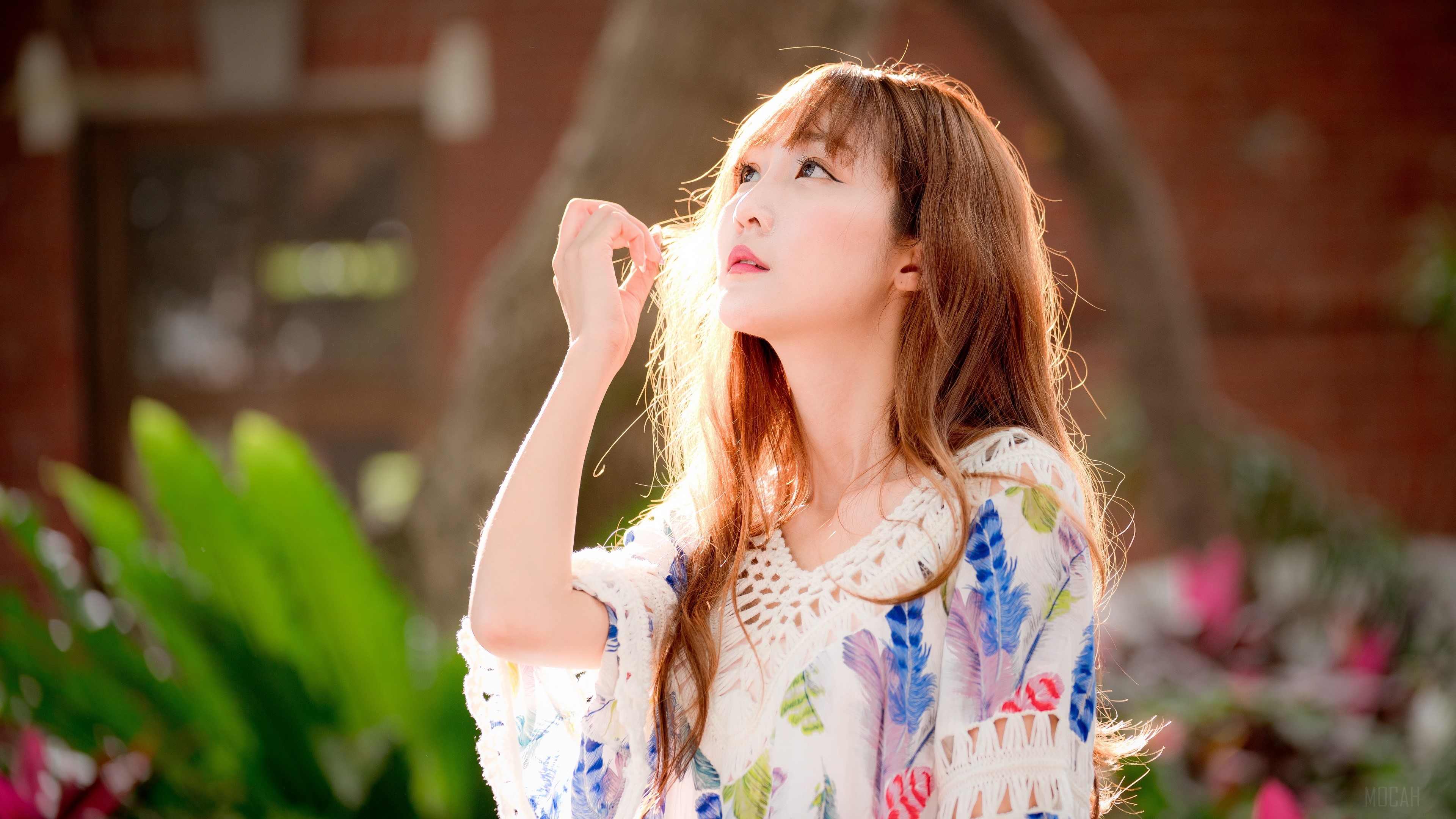 Asian woman with feather print dress HD Wallpaper