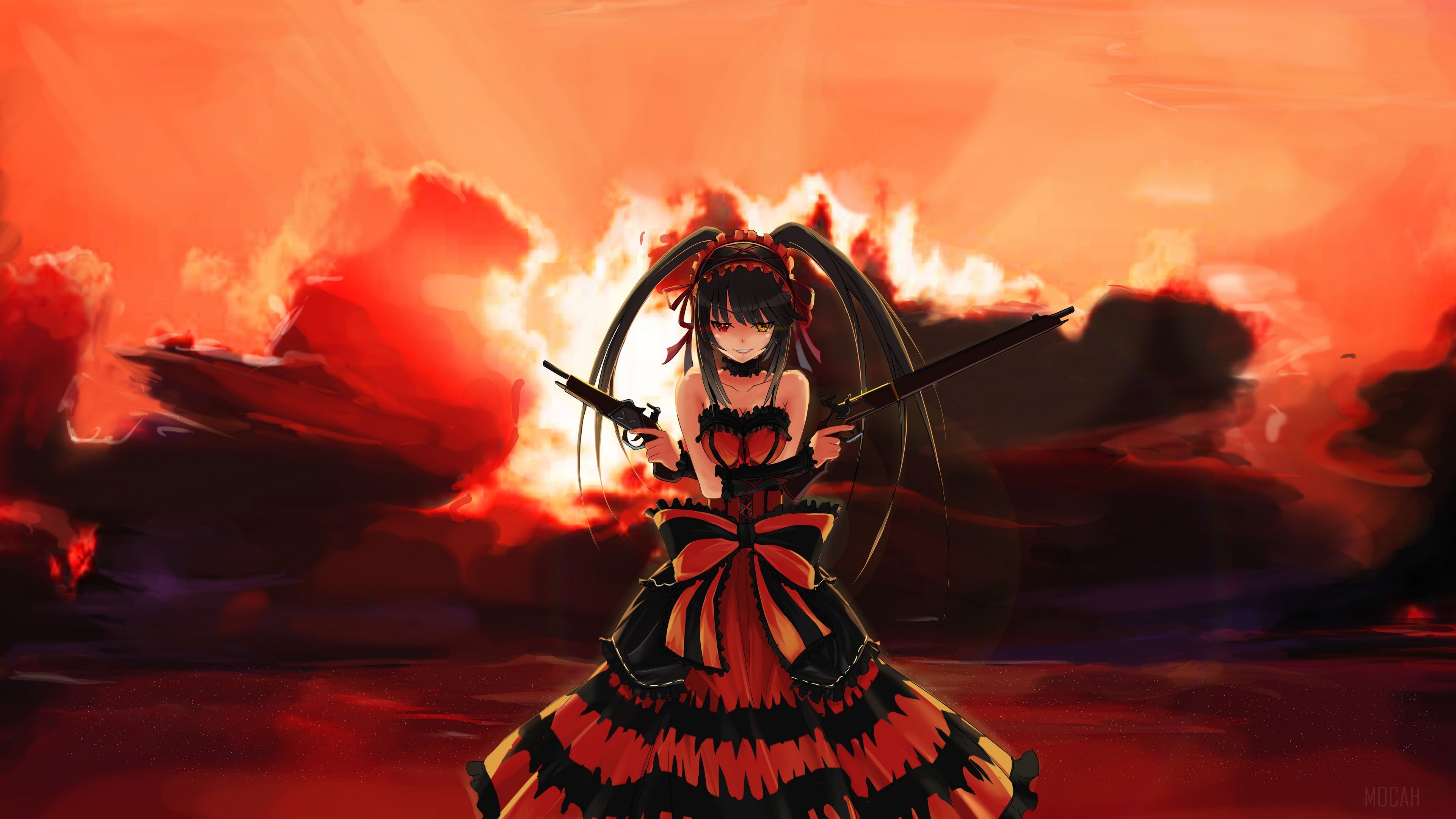 Kurumi Tokisaki with guns in front of fiery sky HD Wallpaper