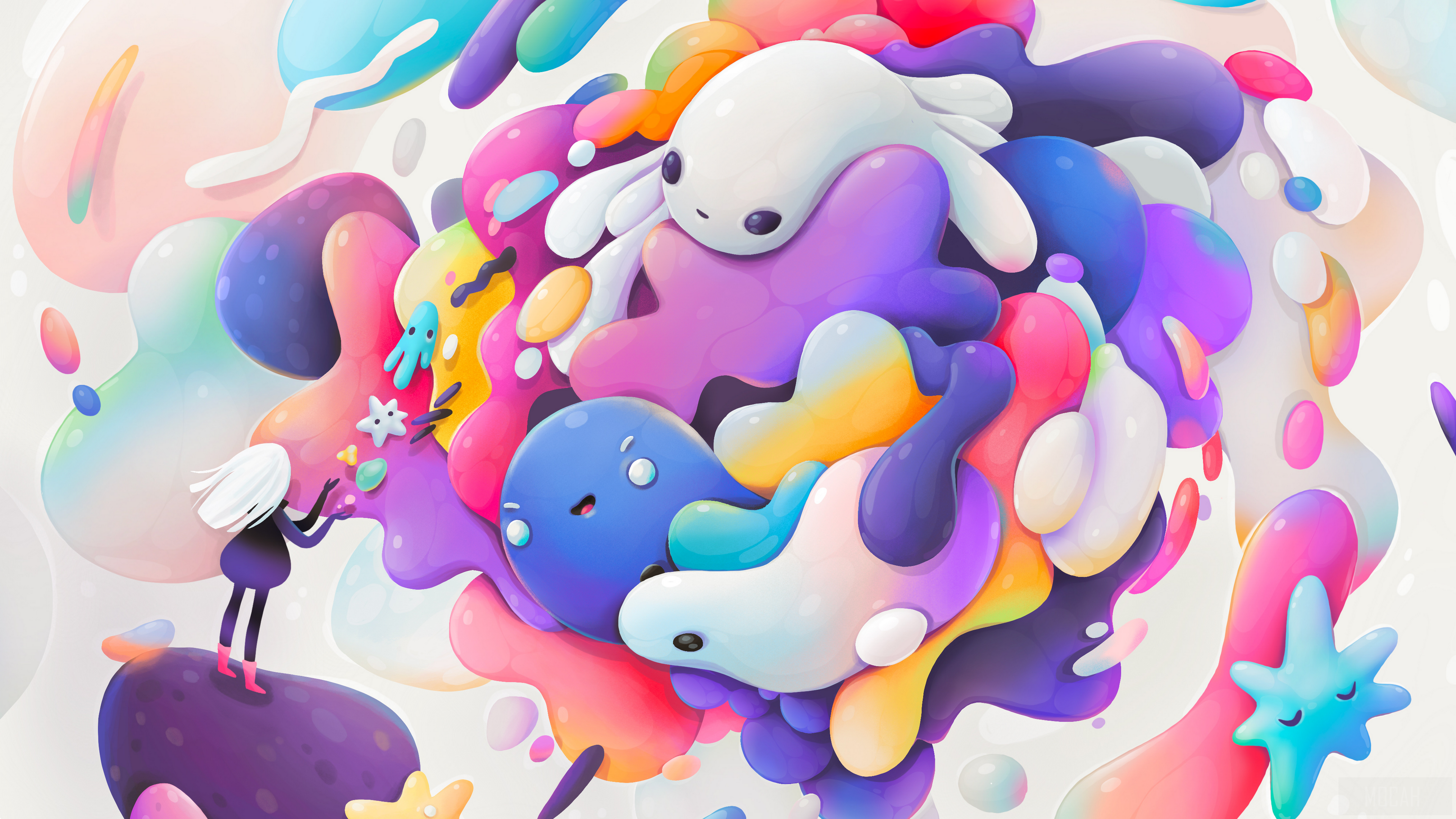Girl and colorful creatures in abstract world 4K HD Wallpaper