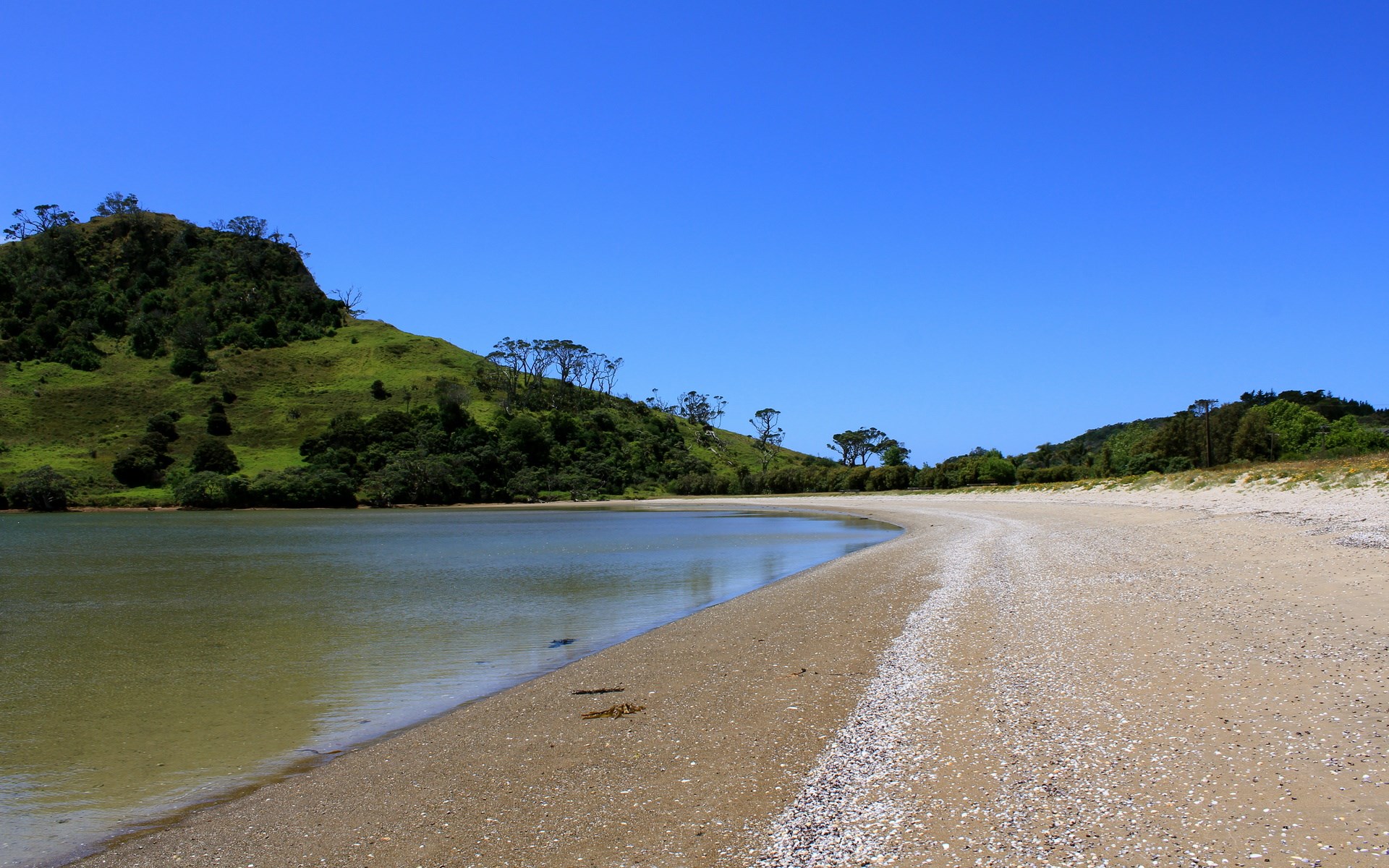 Sandy beach with calm water and green hills under blue sky HD Wallpaper