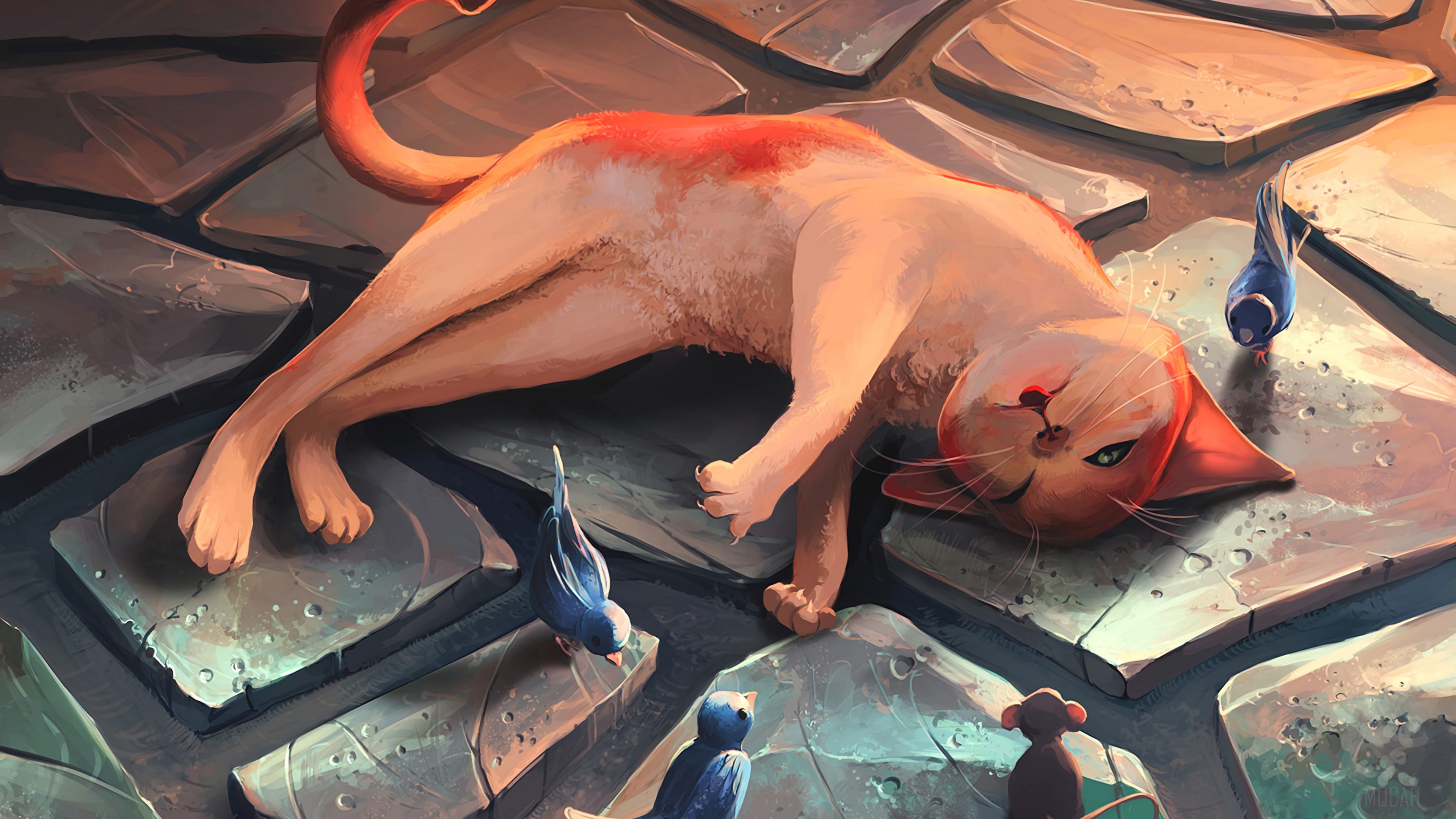 Cat Lying Among Birds and Mouse 4K HD Wallpaper