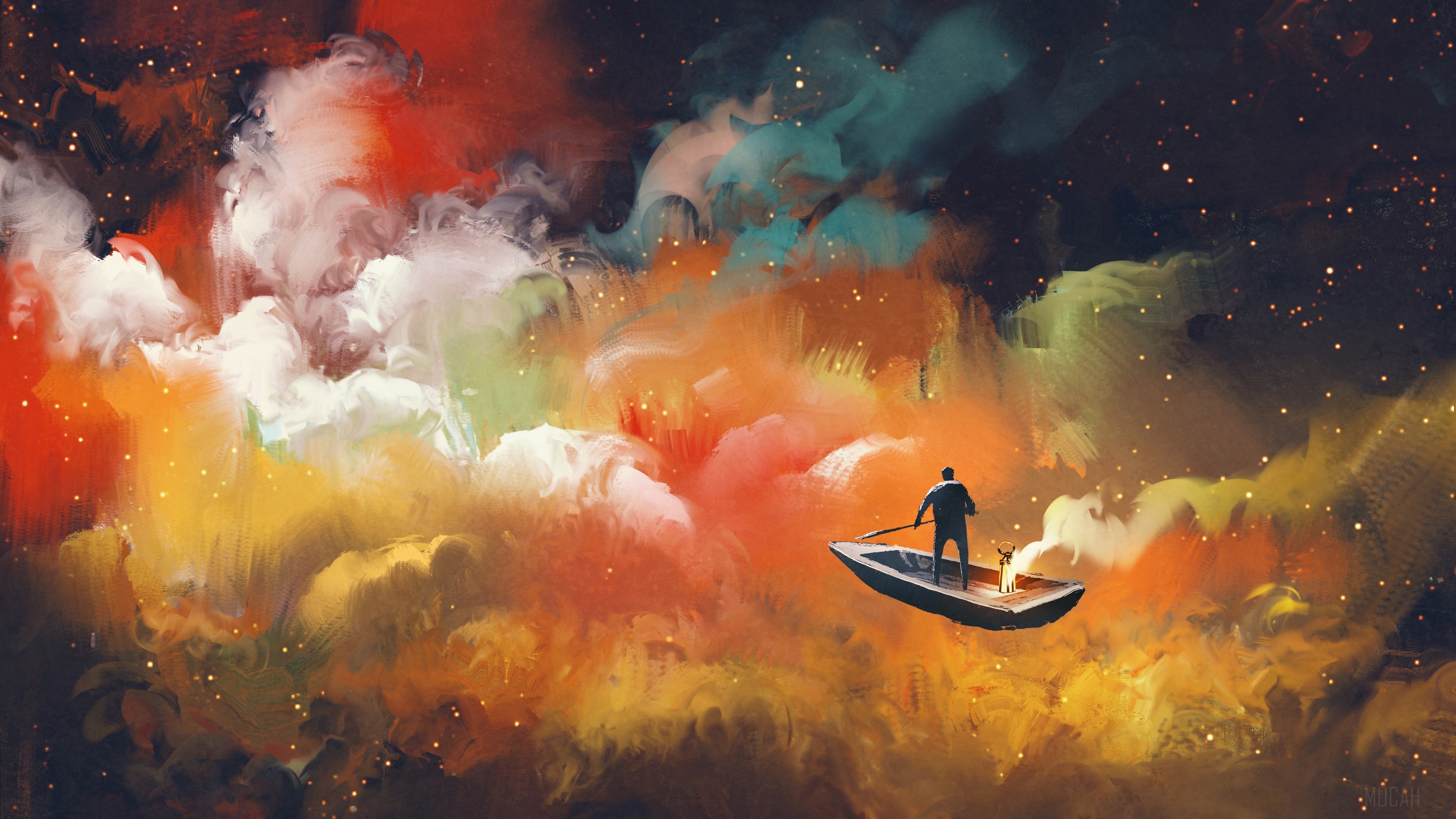Man in boat sailing through colorful clouds in space 4K HD Wallpaper