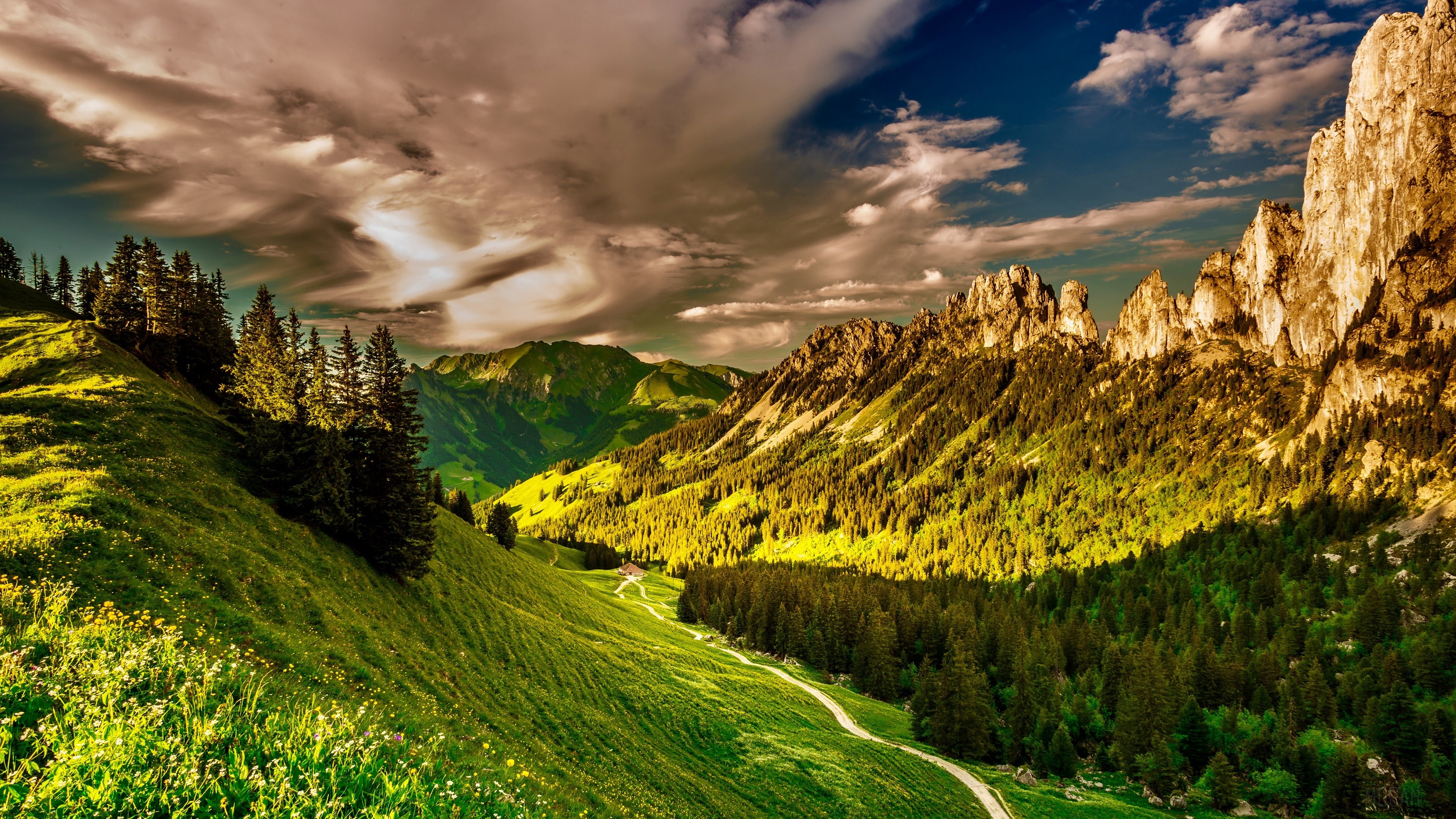 Mountain Valley Landscape with Greenery and Clouds 4K HD Wallpaper