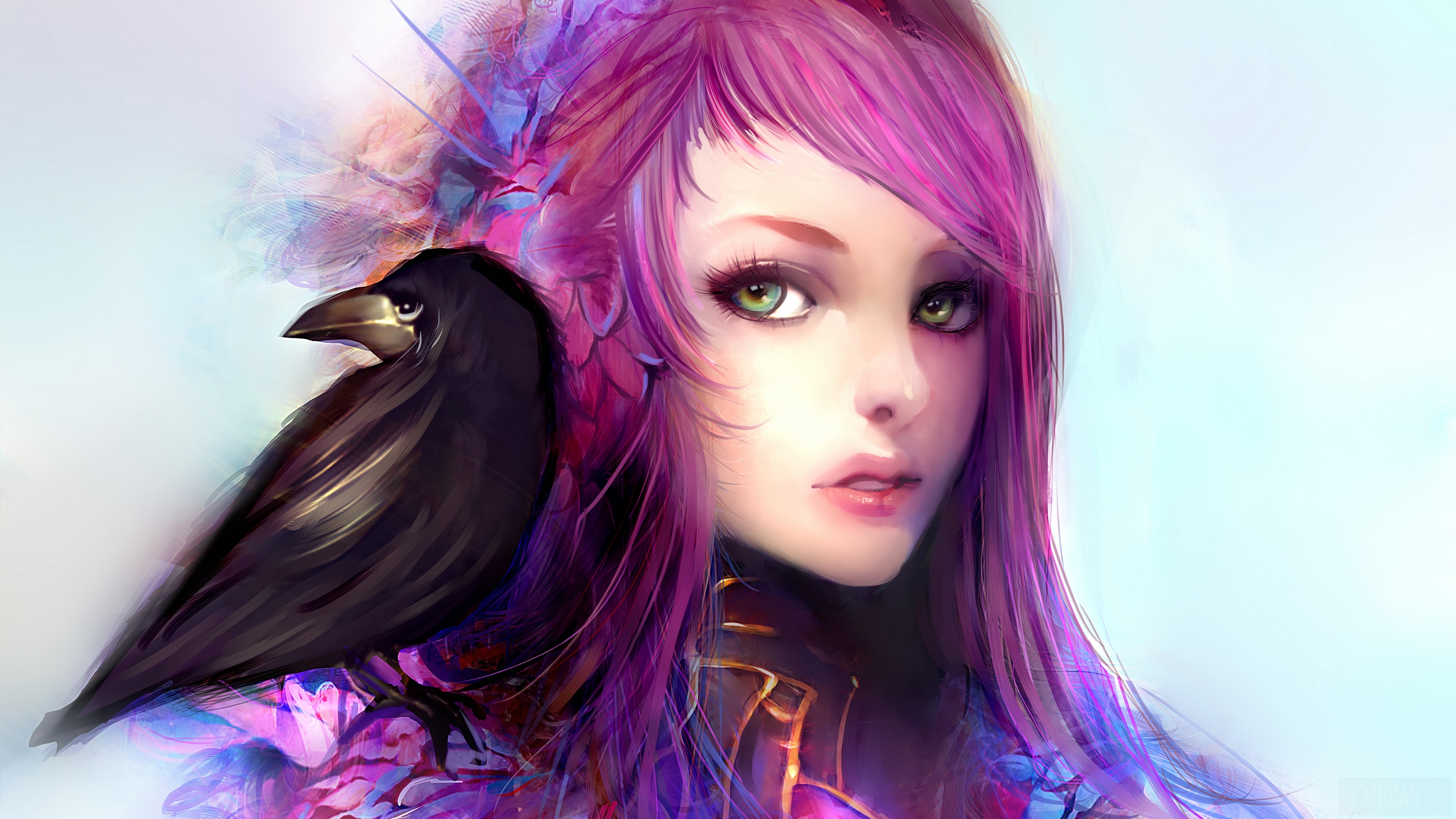 Girl with purple hair and a raven HD Wallpaper