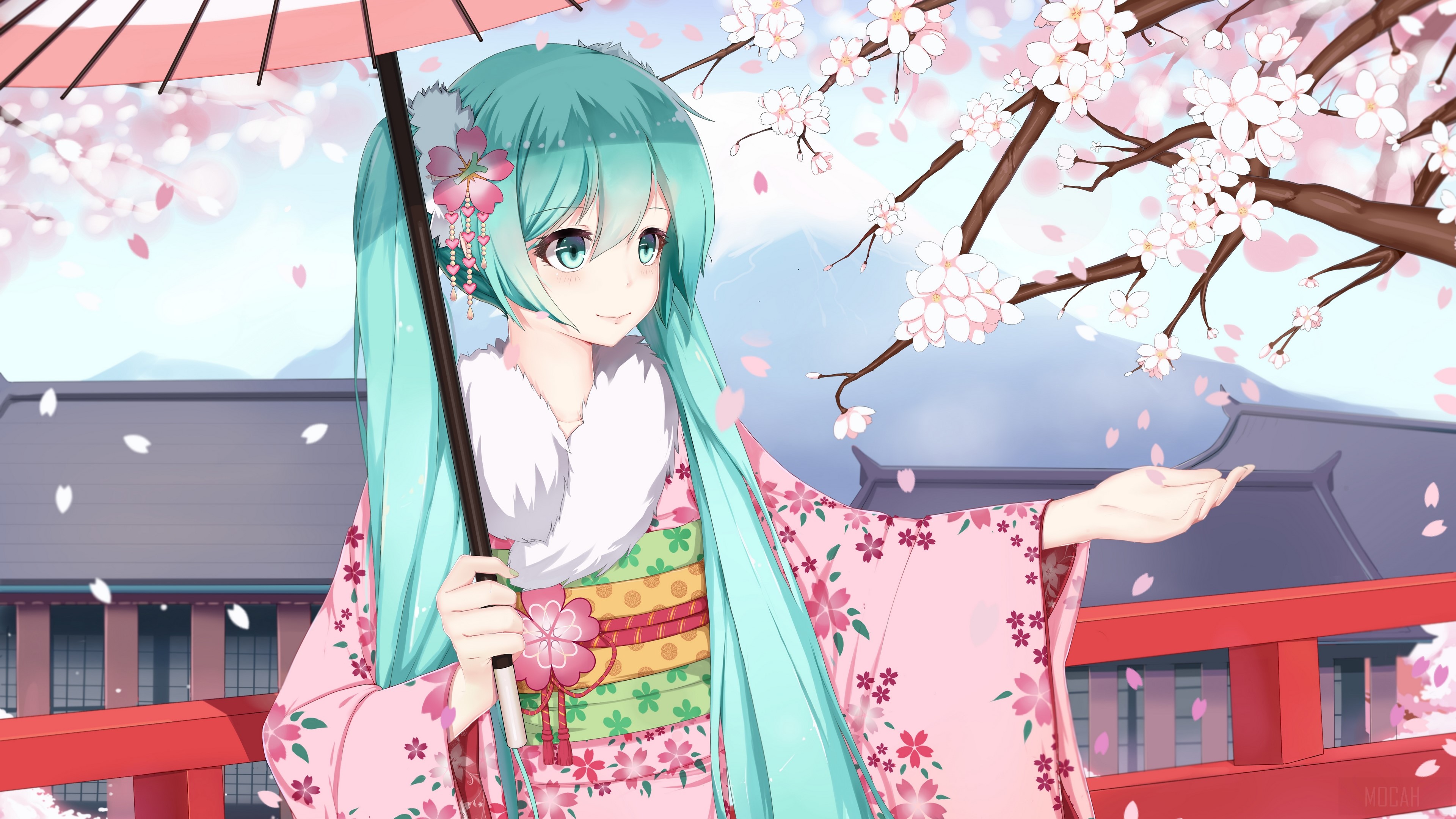 Hatsune Miku in Kimono with Sakura Blossom Umbrella 4K HD Wallpaper