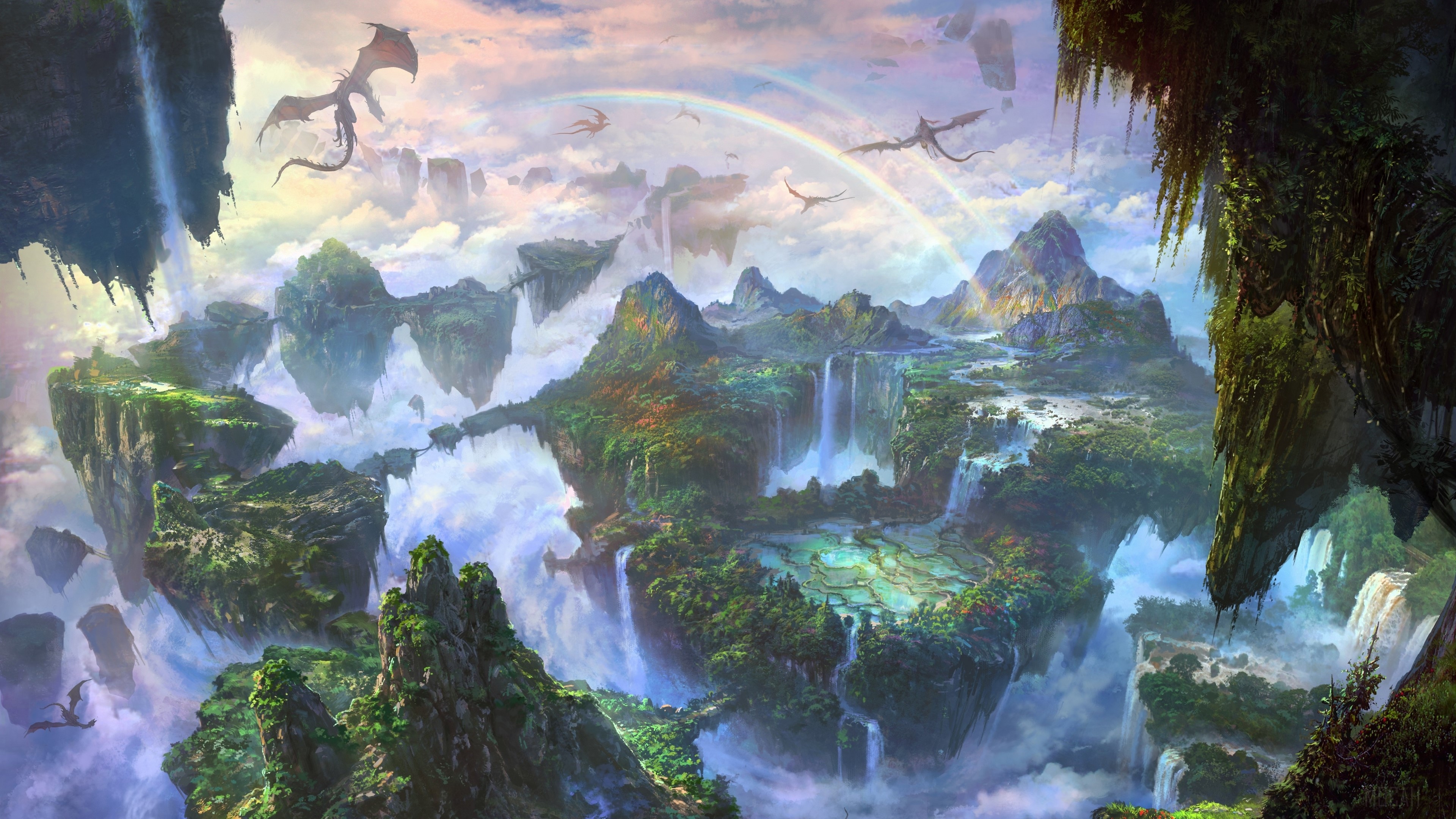 Dragons flying over floating islands with waterfalls HD Wallpaper
