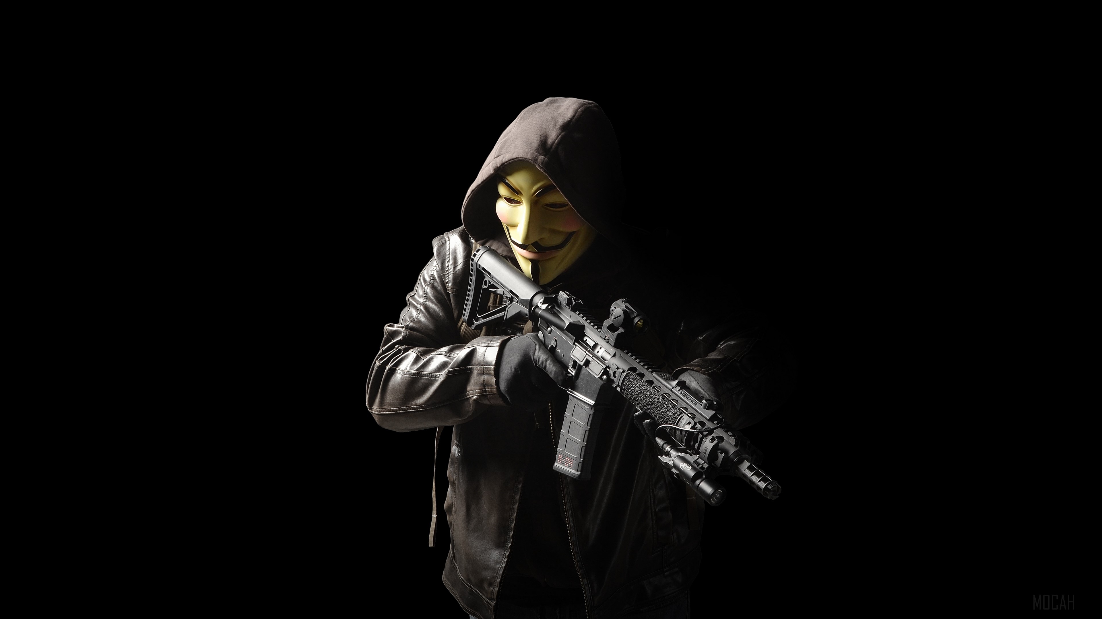 Man in Guy Fawkes mask holding assault rifle HD Wallpaper