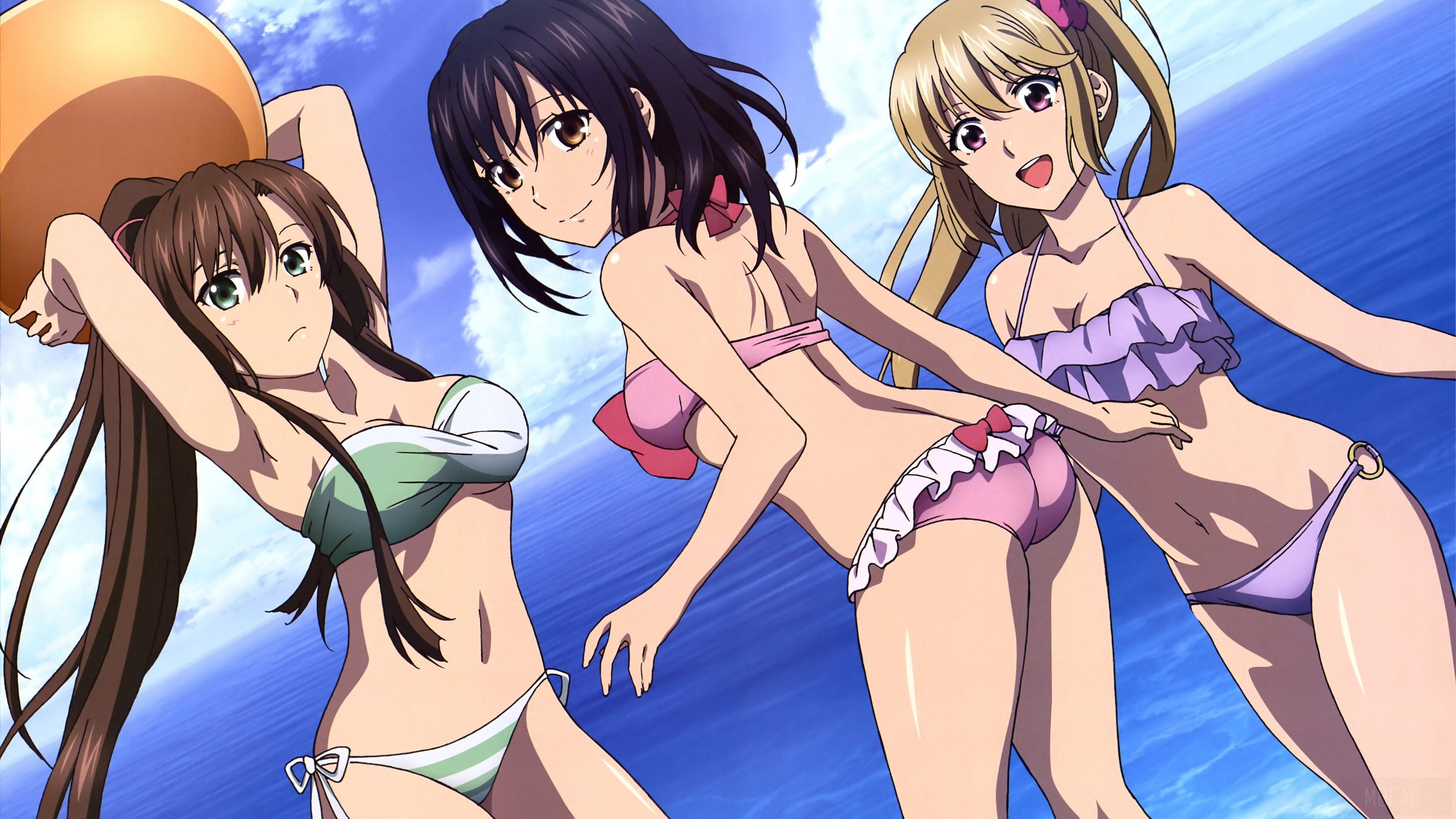 Three anime girls in bikinis on a beach HD Wallpaper
