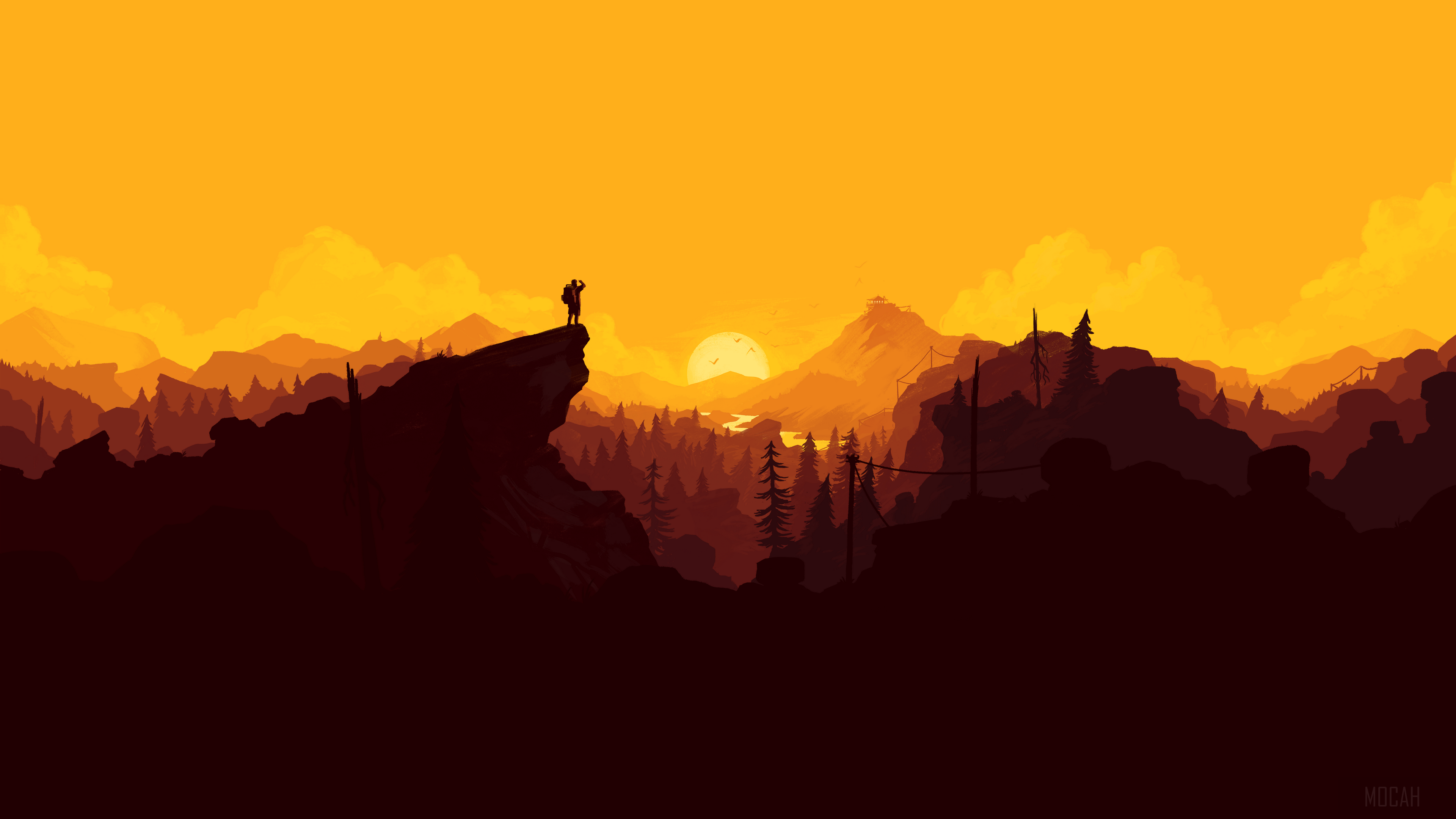 Man on cliff overlooking forest and mountains at sunset 4K HD Wallpaper