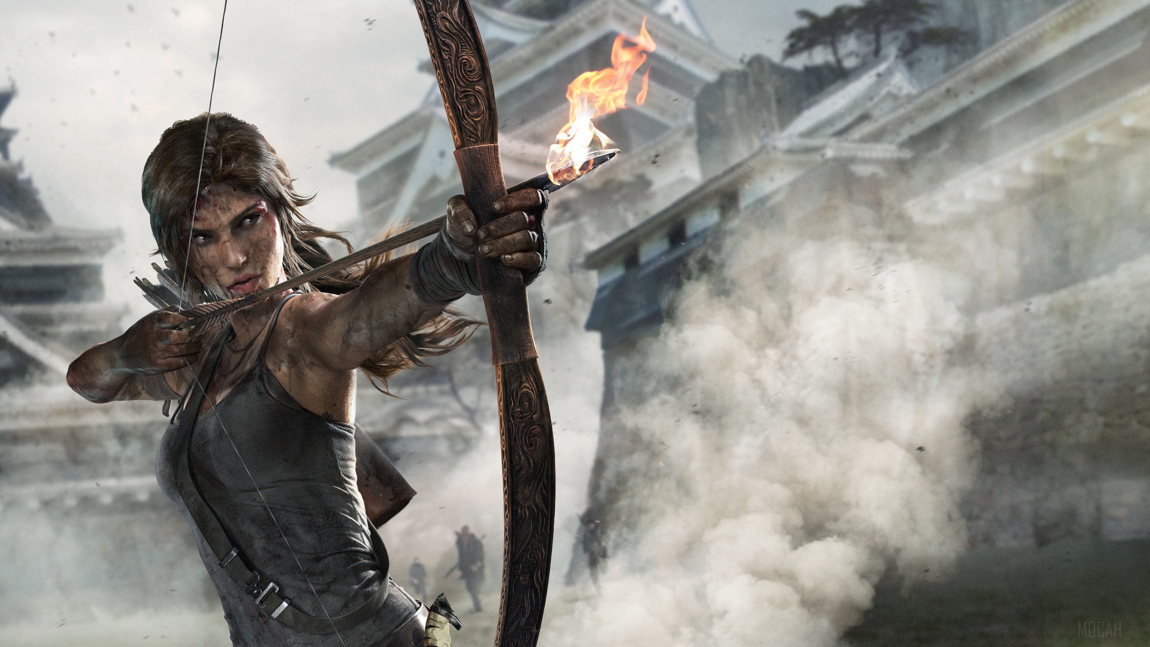 Lara Croft from Tomb Raider with flaming arrow HD Wallpaper