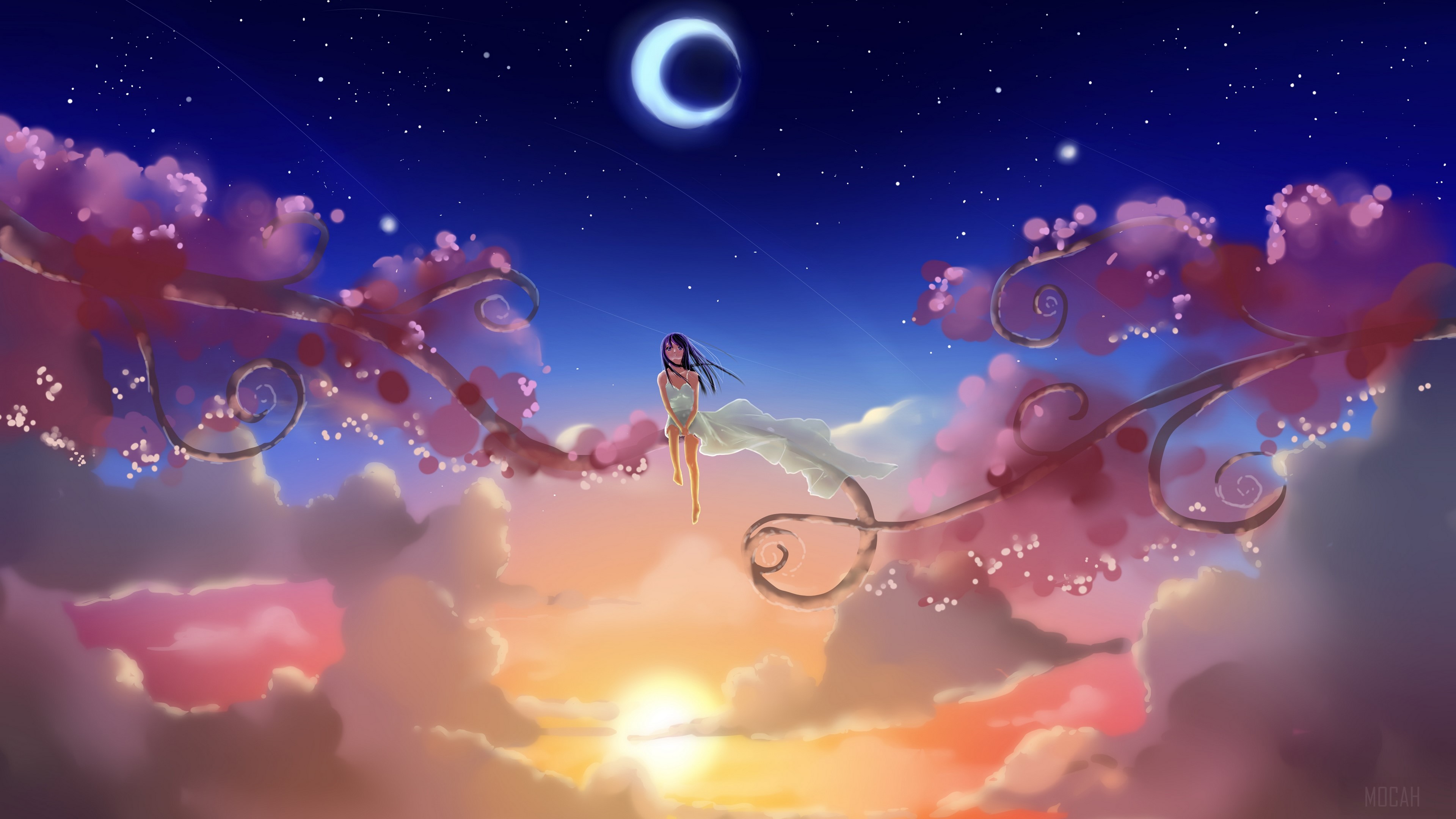 Girl on a tree branch under a crescent moon and starry sky at sunset HD Wallpaper