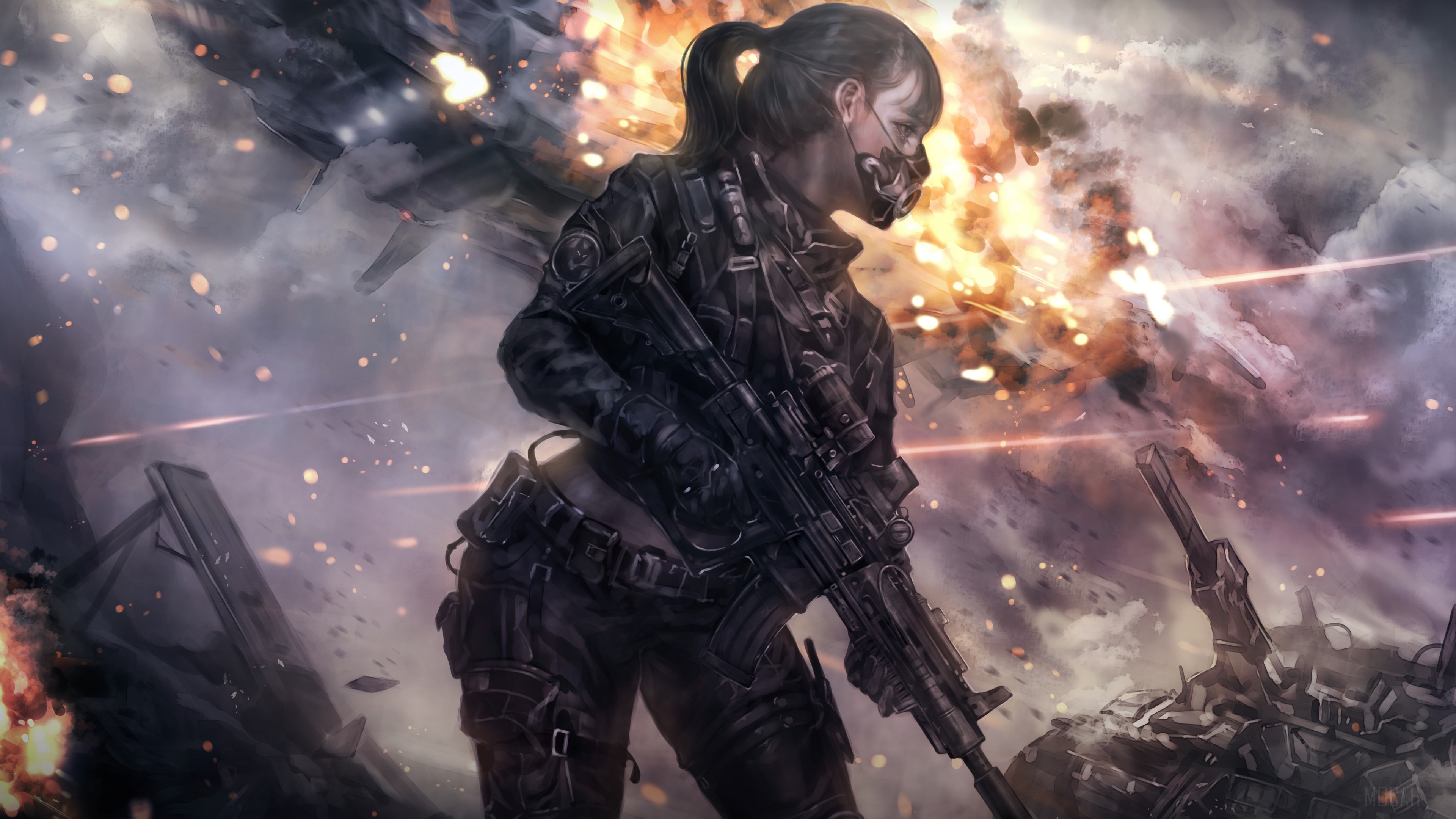 Girl with Gun in Explosion 4K HD Wallpaper
