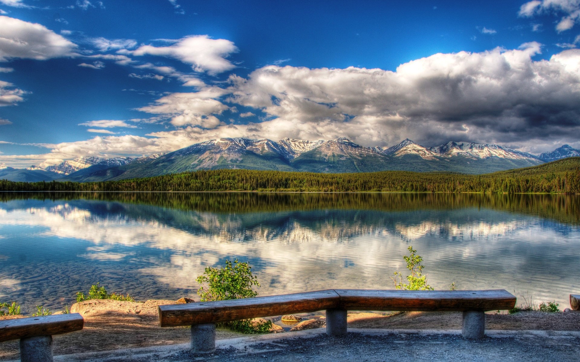 Wooden benches overlook a calm lake with mountains and forest HD Wallpaper