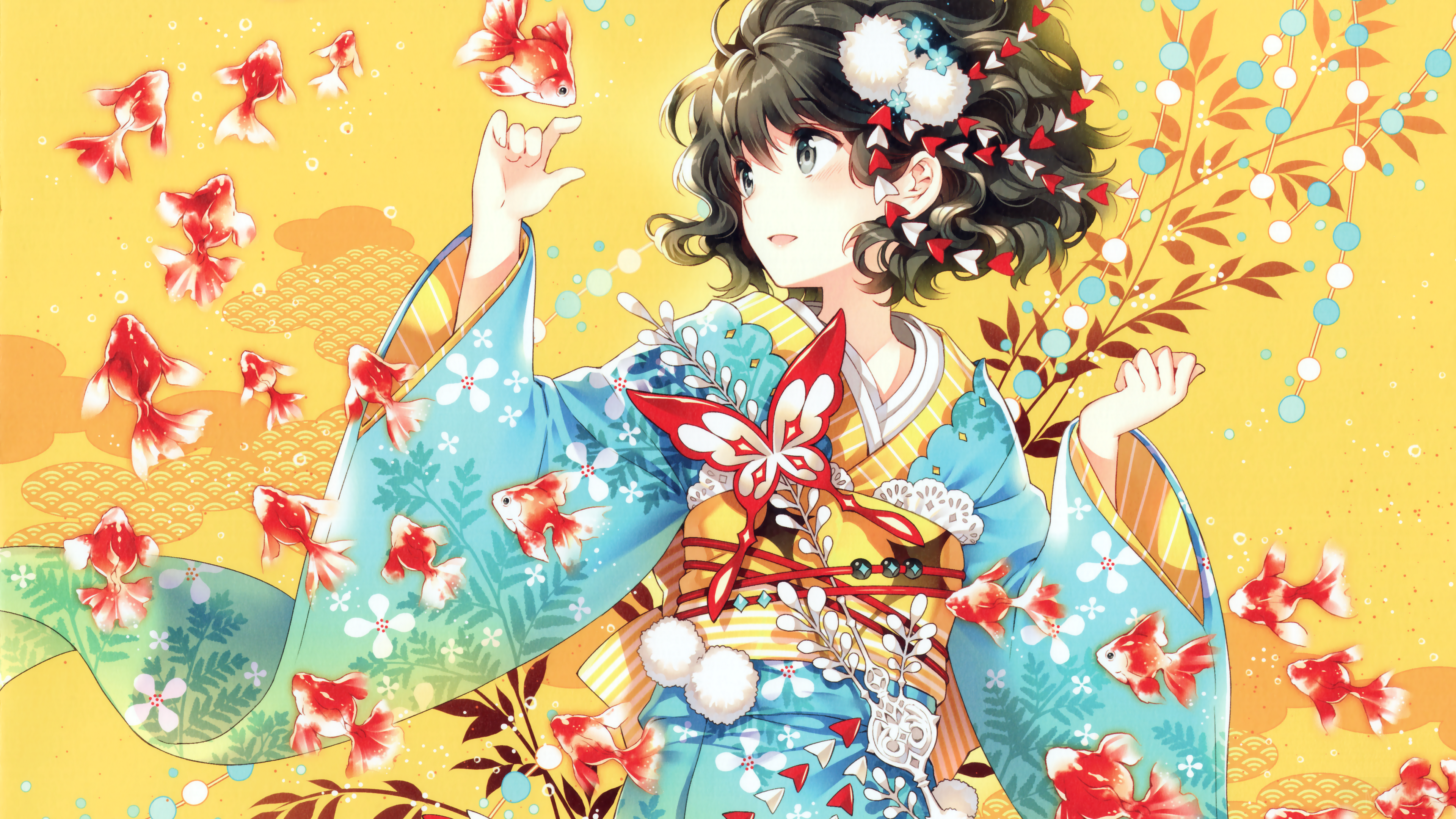 Girl in Kimono with Goldfish and Butterfly HD Wallpaper