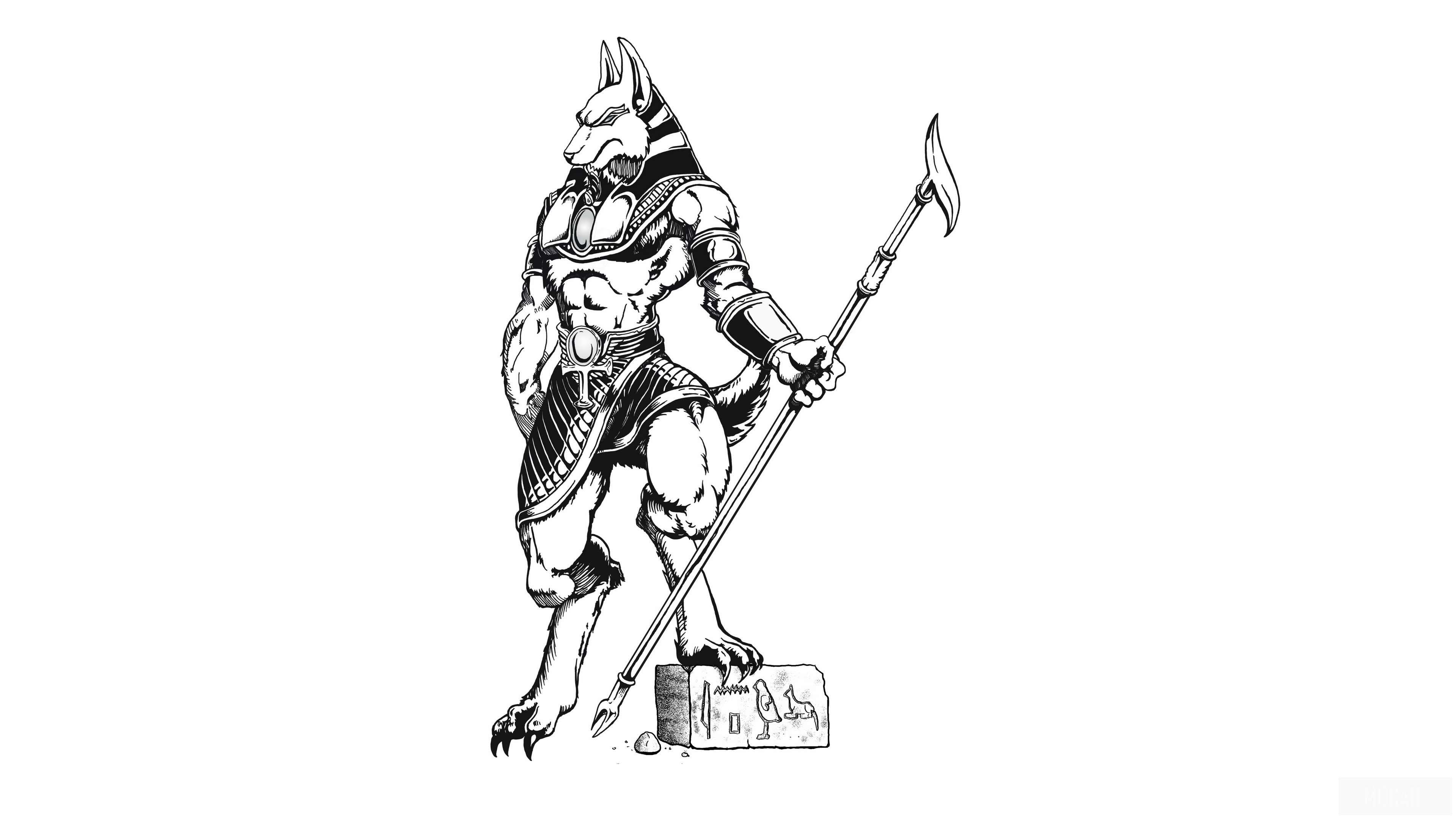 Anubis with a staff and hieroglyphic stone HD Wallpaper